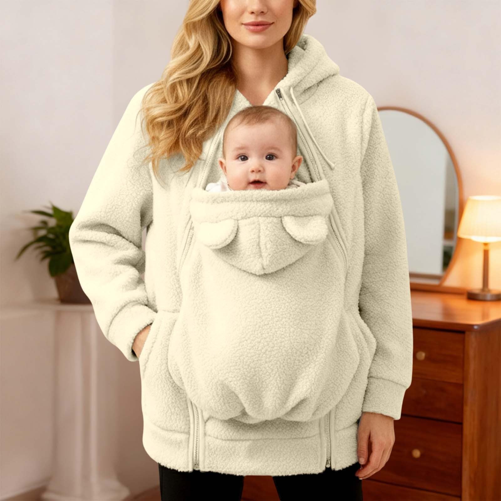 Générique Veste de maternité d'hiver polaire avec insert amovible pour bébé, capuche et poches partagées - Manteau chaud en coton doux pour allaitement et extérieur, confortable et fonctionnel
