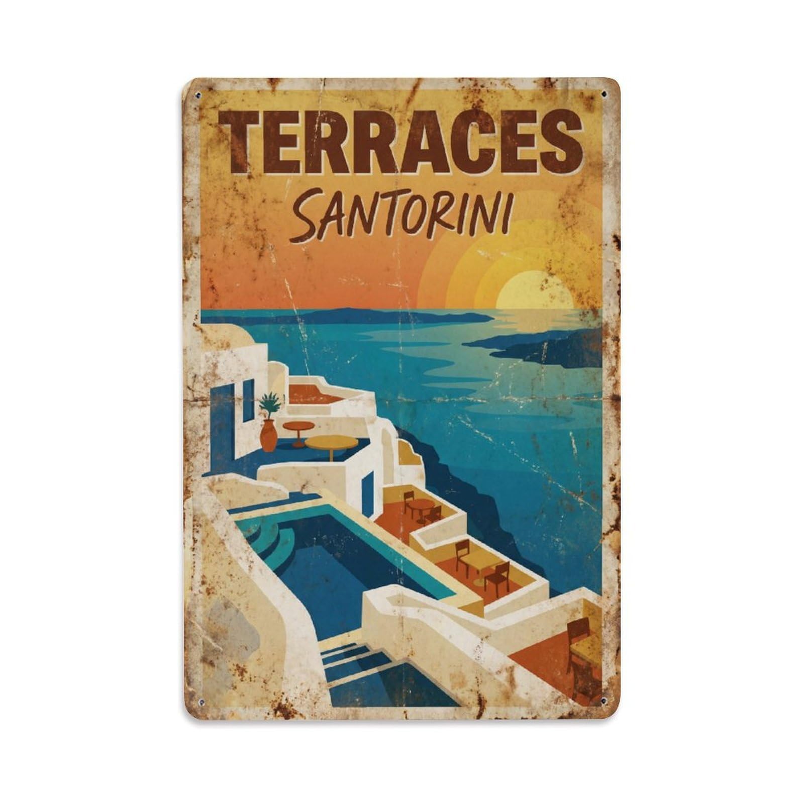 Este 8X12inch Style Vintage Travel Santorini Terraces Greece Metal Tin Sign
