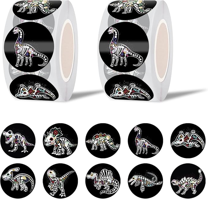 GTOTd Dia De Los Muertos Dinosaur Sugar Skull Dot Stickers Roll Label(1000 PCS)Horror Day of the Dead Decal Gifts Merch Party Supplies in 2 Rolls with 10 Patterns for Laptop Window Luggage Skateboard