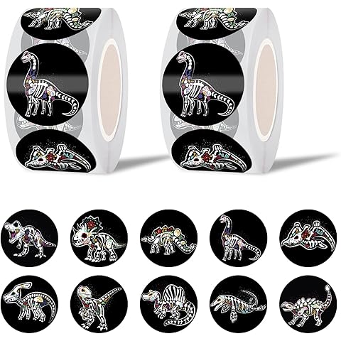 GTOTd Dia De Los Muertos Dinosaur Sugar Skull Dot Stickers Roll Label(1000 PCS)Horror Day of the Dead Decal Gifts Merch Party Supplies in 2 Rolls with 10 Patterns for Laptop Window Luggage Skateboard