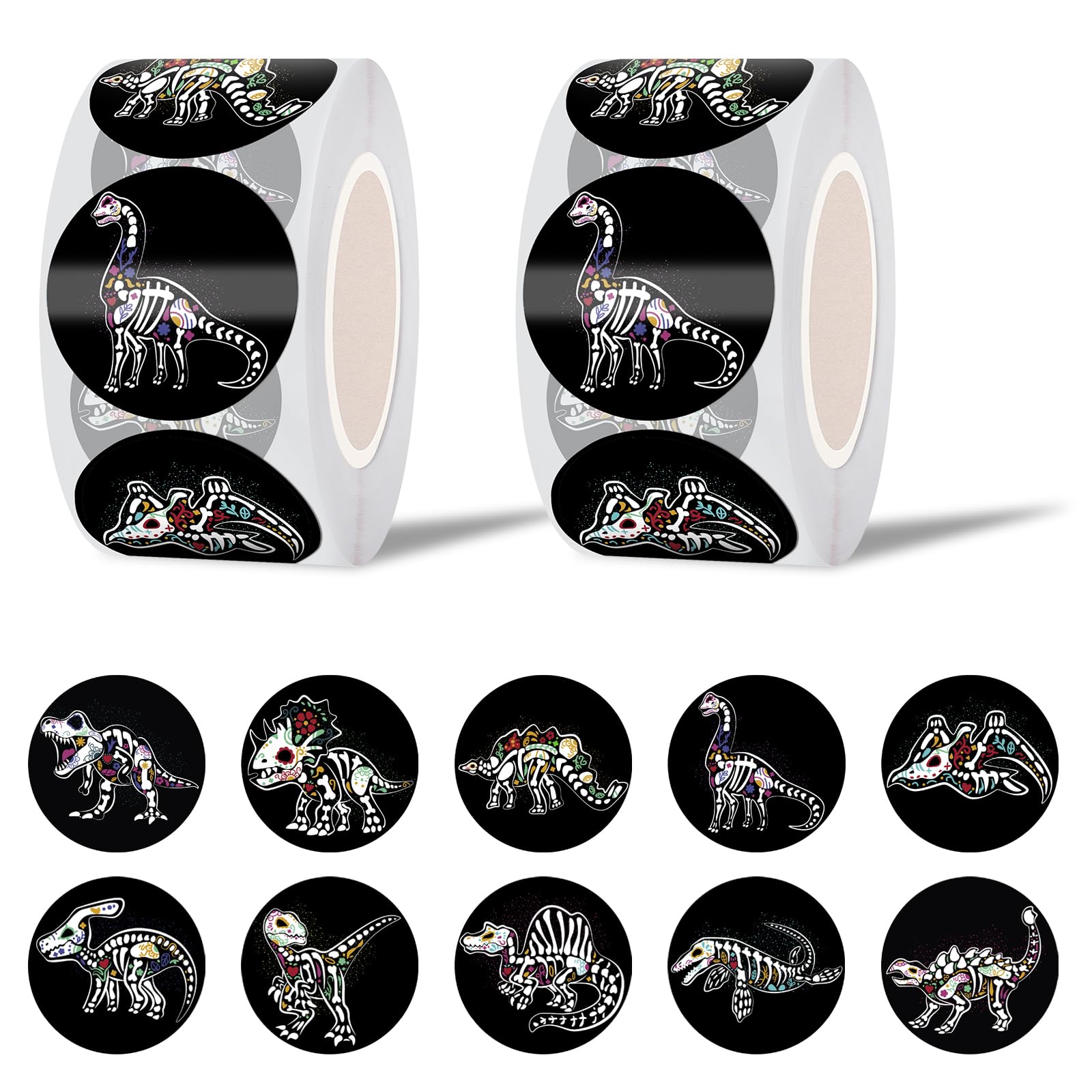 GTOTd Dia De Los Muertos Dinosaur Sugar Skull Dot Stickers Roll Label(1000 PCS)Horror Day of the Dead Decal Gifts Merch Party Supplies in 2 Rolls with