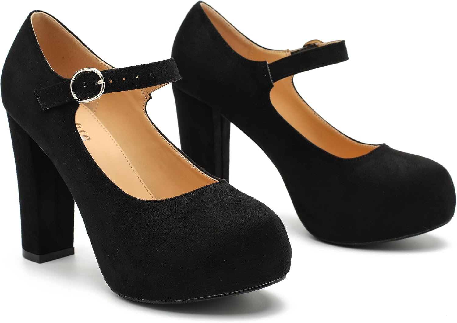 fereshte Women's Mary Jane Platform Pumps, 4 Inch Chunky Heel with Ankle Strap, Round Closed Toe Dress Shoes Comfortable Dress Shoes