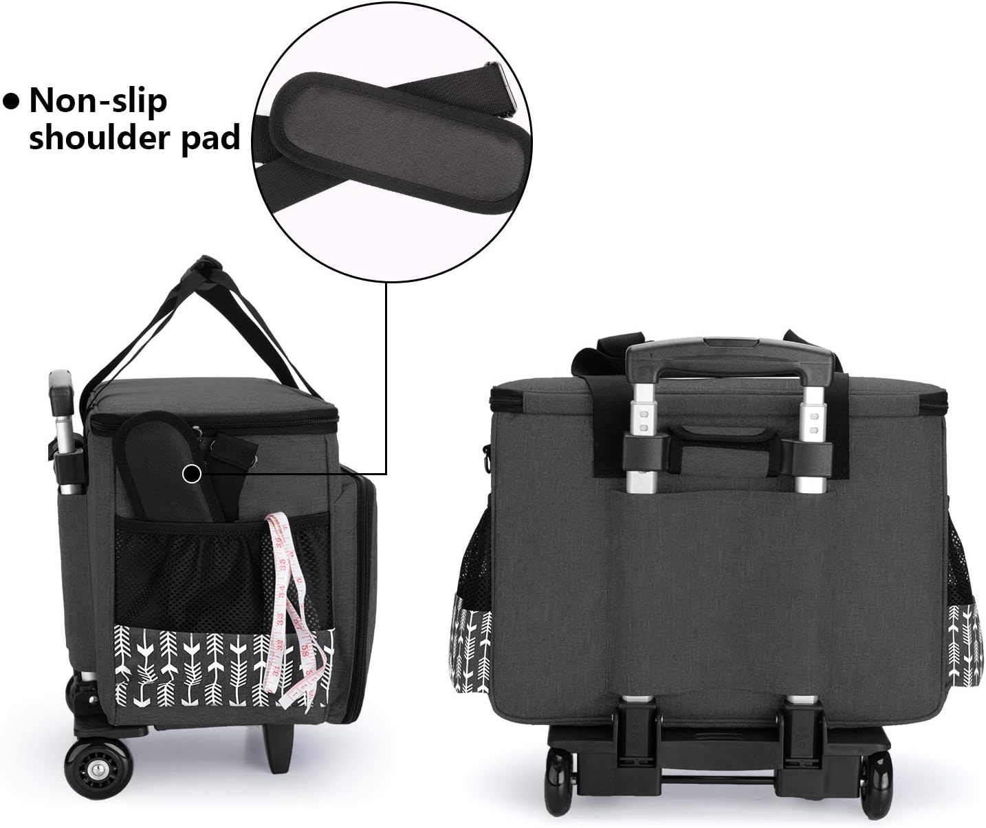 Yarwo Rolling Sewing Machine Carrying Case, Detachable Trolley Tote Bag with Removable Bottom Board and Thickened Trailer Leg for Most Standard Sewing Machine and Accessories, Black with Arrow