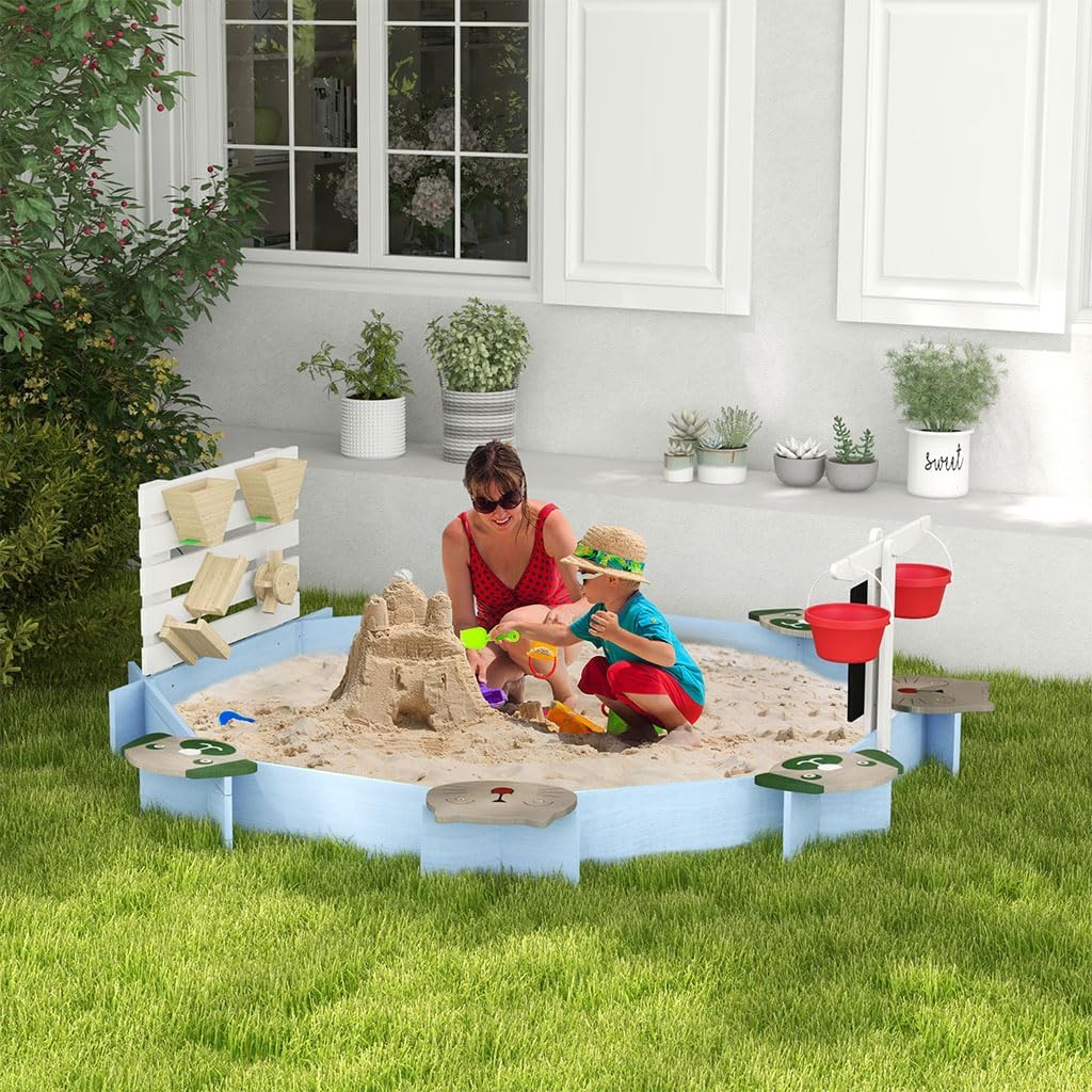 Wooden Sandbox, Large Outdoor Sand Box with 6 Animal Patterned Seats, Buckets & Blackboards, Sand Pit for Backyard Play, Fir Wood, Blue, Animals, 85" x 85" x 24.75"