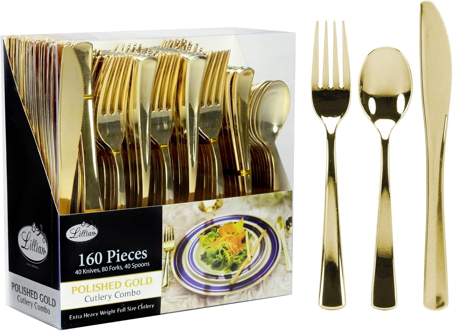 Reusable Plastic Cutlery Polished Gold, Full Size Cutlery Combo, 80 Forks, 40 Knifes, 40 Spoons, Value Pack 160 Count