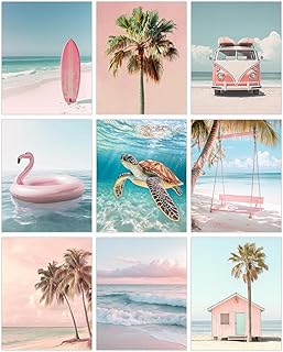 FEOFTIE Beach Room Decor Set of 9 Pink Beach Wall Art Coastal Aesthetic Prints 8x10 inch Canvas Unframed Beachy Wall Decor...