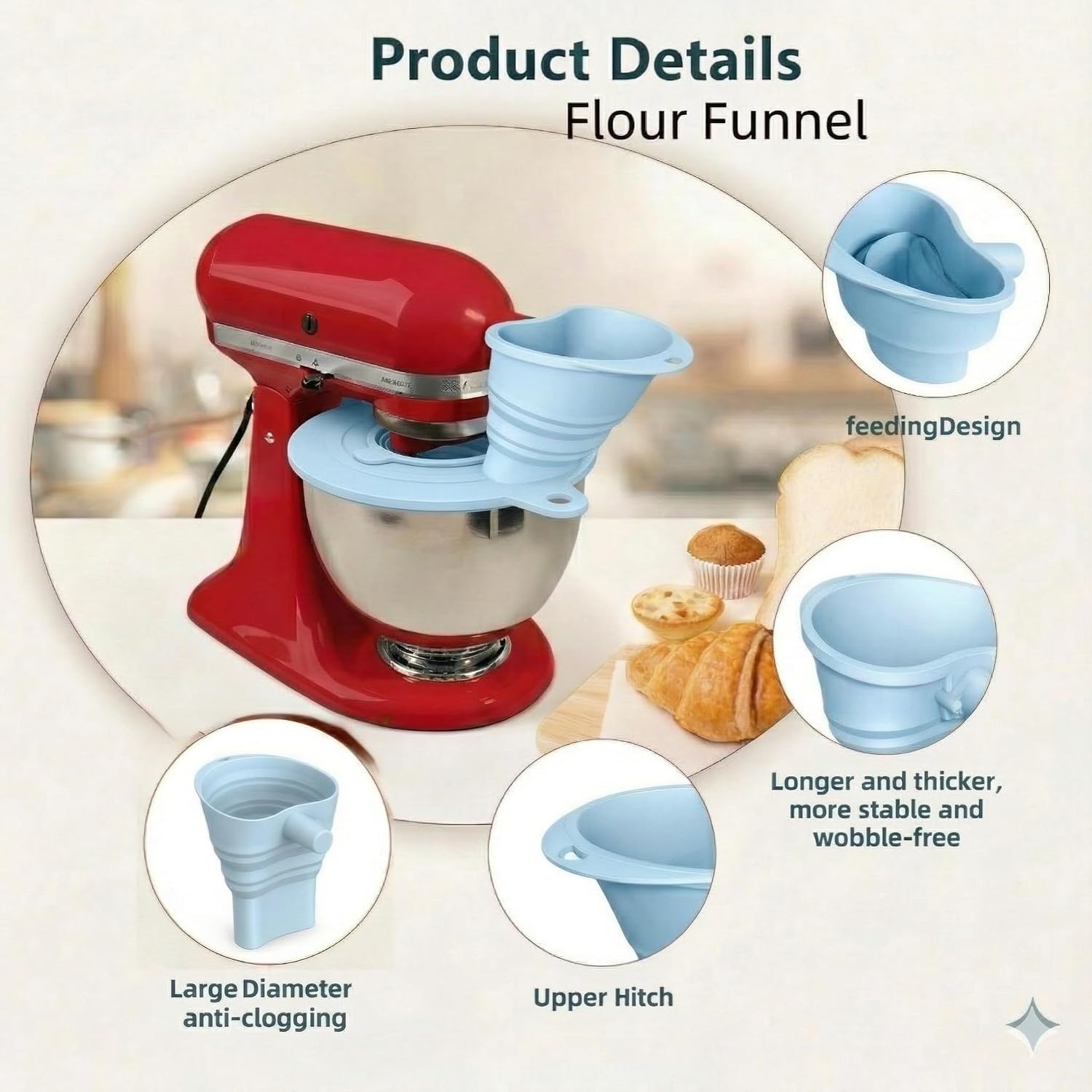 3-Piece Set: Silicone Flour Funnel & Bowl Cover for KitchenAid Mixer 4.5-5 Qt Tilt-Head, Splash Guard Lid with Foldable Measuring Cup for Dough Proofing & Mixing, KitchenAid Mixer Accessori（Blue) image 3