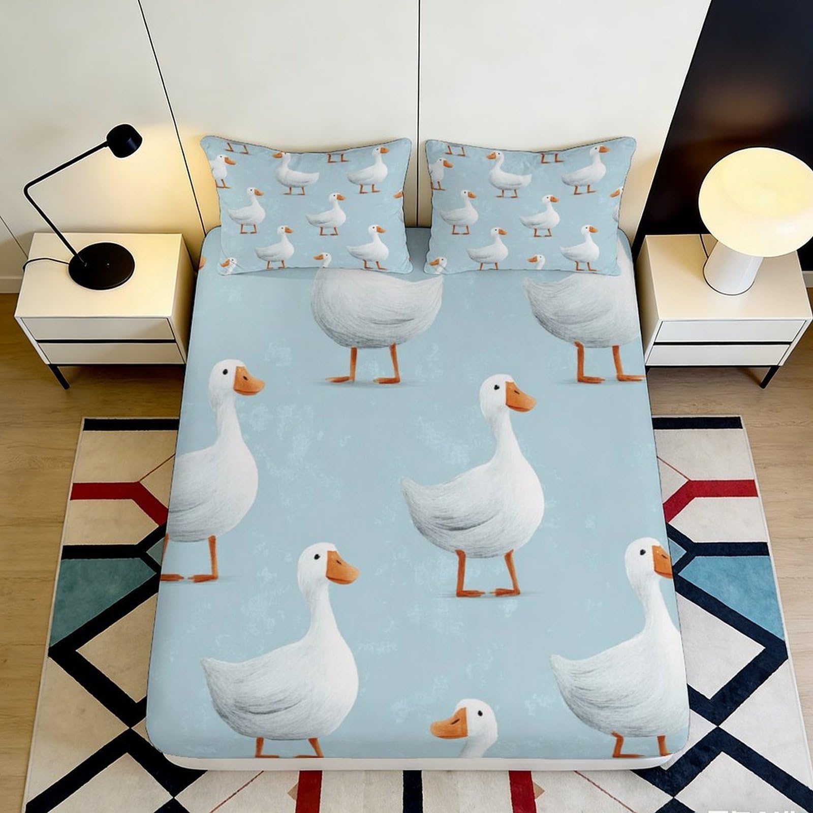 Pnayamiorkfel Style-9 3D Printed White Duck Fitted Sheet Microfiber Soft Blue Cartoon Animal Bed Sheet For Bedroom Guest Room Decor 90X200x25cm