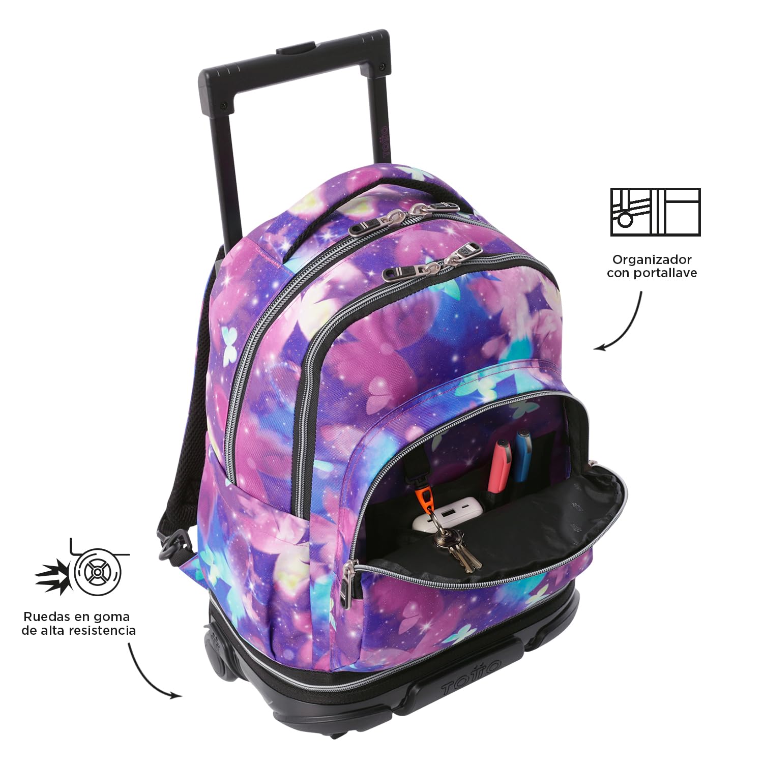 TOTTO - Mochila Escolar con Ruedas Desmontables, Modelo Tiza, Capacidad 26 L, Mochila PC 15.4", Bolsillo Botella, Manija Telescópica, Espaldar Ergonómico y Correas en S, Color Star Butterfly Glitter
