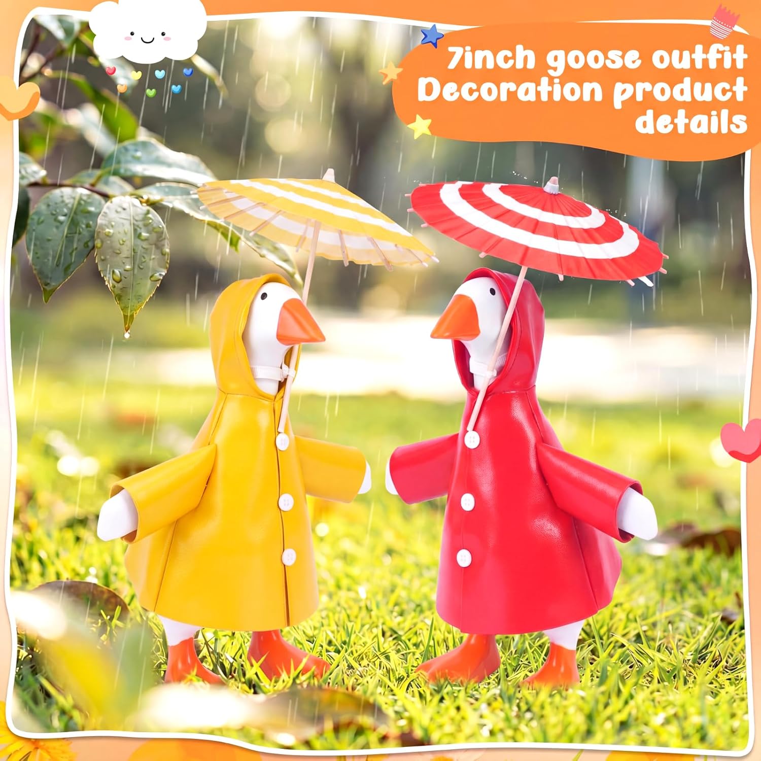 Shinylin Spring Desk Goose Raincoat Outfit with Umbrella Mini Desk Goose Rain Coat Costume Mini Geese Raincoat Clothes for Spring 7 Inch Geese Figurine Desktop Home Decor(Yellow Red)