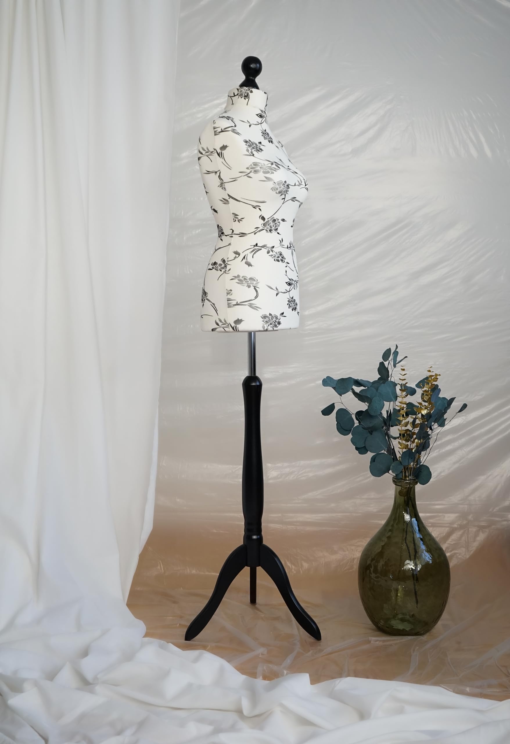 Maniquí de Costura Mujer, Maniquí Sastre Mujer, Funda Cruda con Flores Negras (Black Wood, S 40)