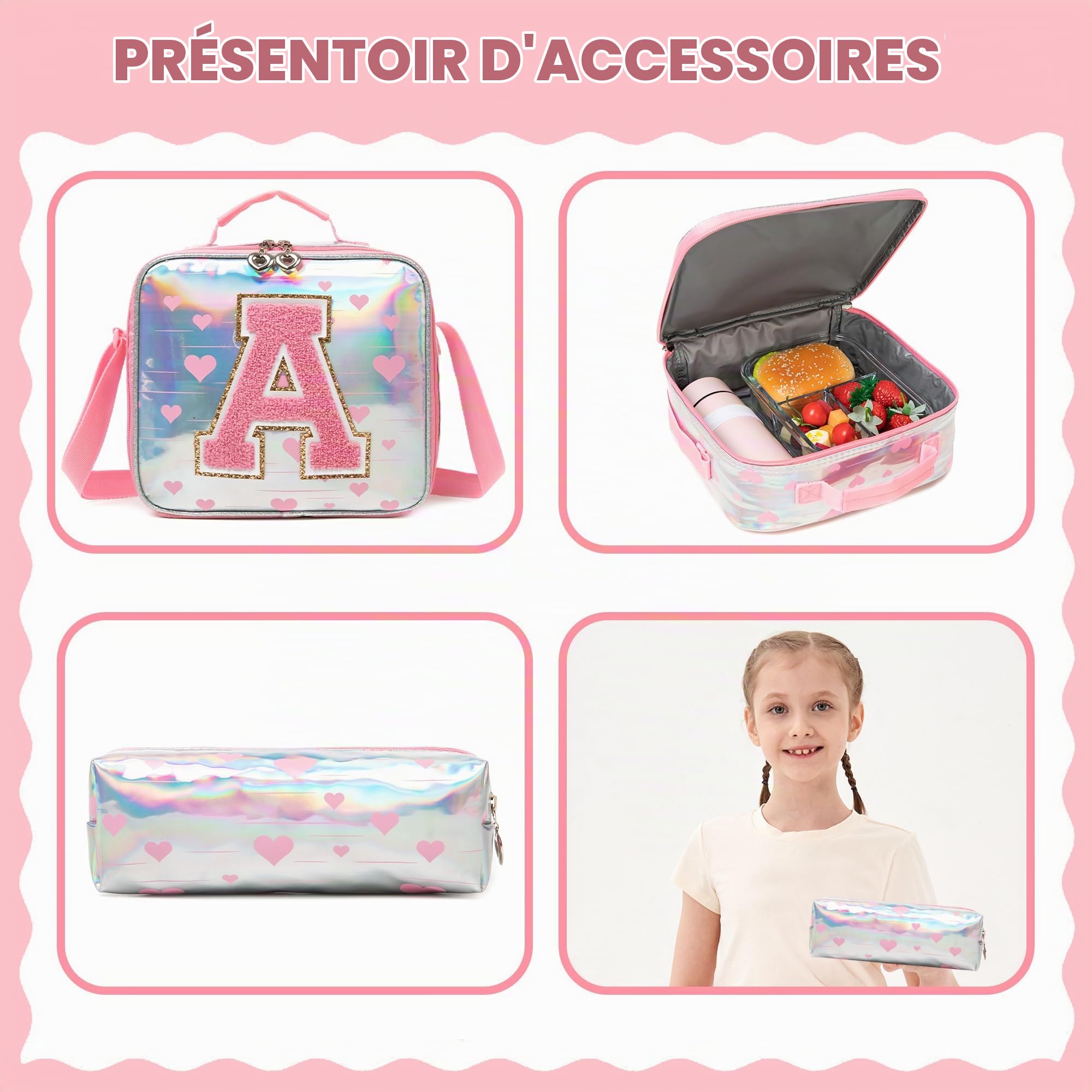 HTgroce Cartable a Roulette Fille Sac à Dos Roulette Comprend Un Sac à Lunch et Un étui à Crayons