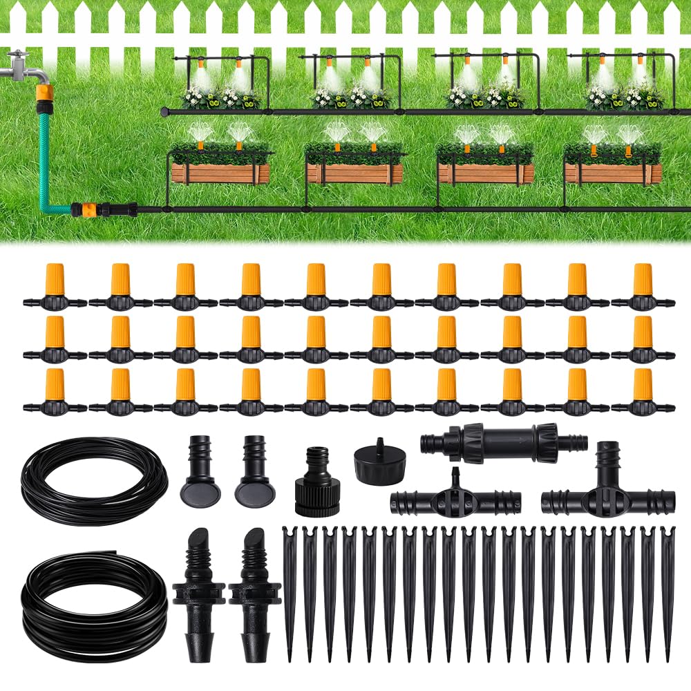 Hoteche Micro sistema de riego por goteo con 30 goteros ajustables, manguera de 20 m, incluye adaptador y accesorios para jardín/invernadero