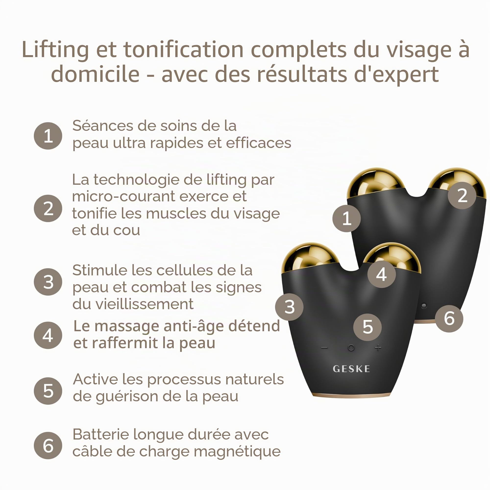 GESKE | SmartAppGuided™ MicroCurrent Face Lifter | 6 in 1 | Lifting facial | Outils de soins de la peau | Lifting visage | Appareil anti-âge | Micro-courant contre les rides