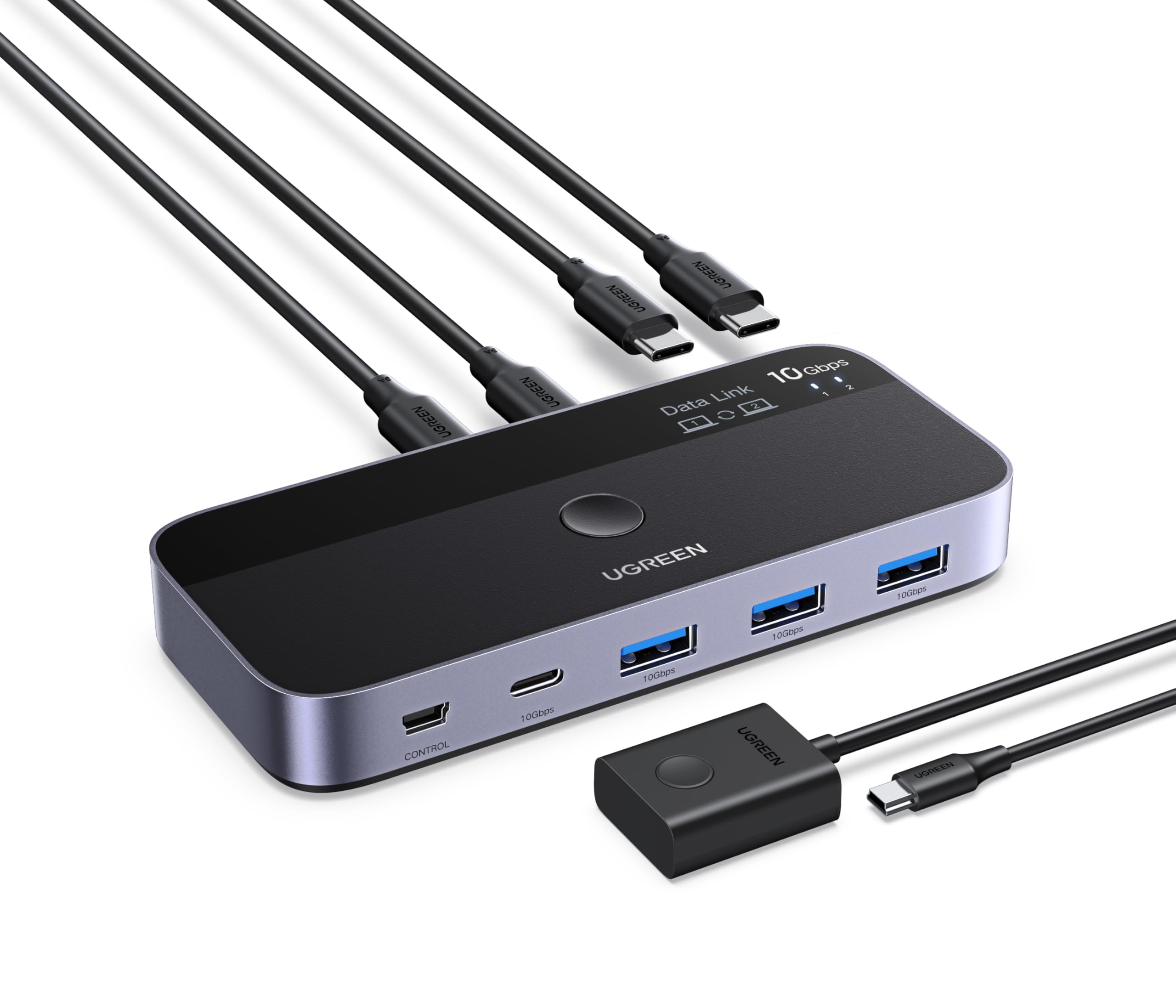 UGREEN 10Gbps USB Switch, USB C Switch mit 3X3.2 A und 1X3.2 C Port Daten Link, eine Tastatur für 2 PCs gleichzeitig mit Fernbedienung, Alugehäuse Datei Transfer Copy für Windows/MacOS/Linux