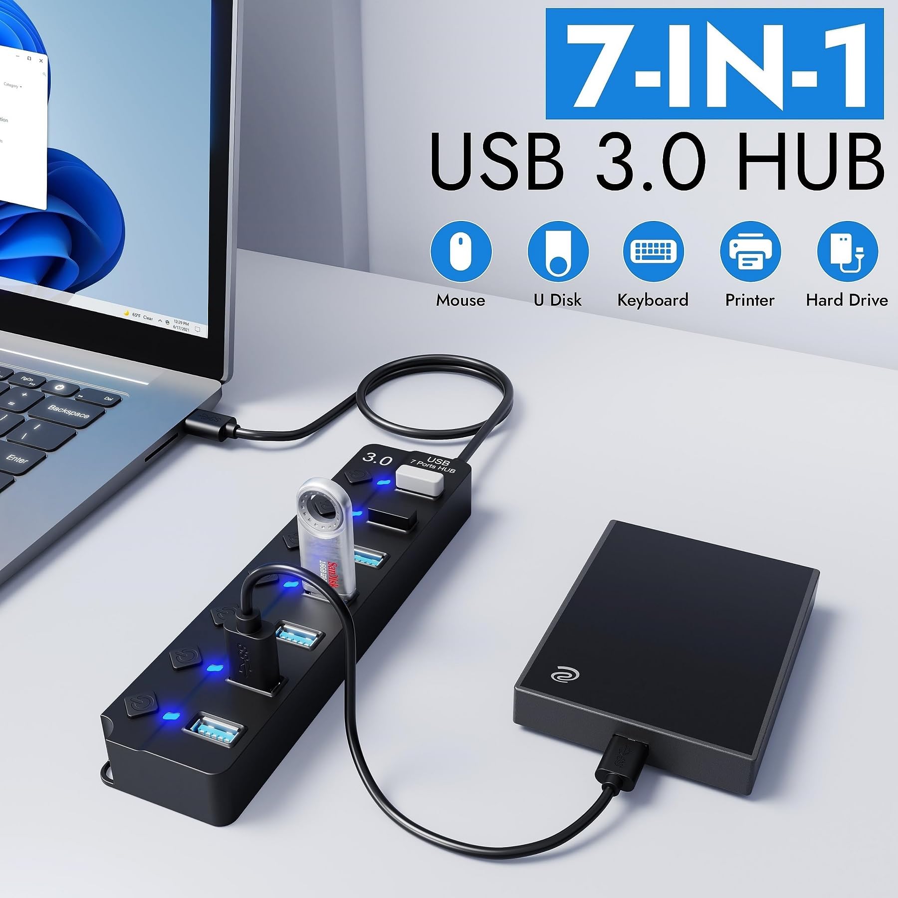 Hub USB 7 Porte Con Interruttori LED Individuali – USB 3.0/2.0, Alimentato 5V/2A, Trasferimento 5 Gbps, Per PC E Laptop