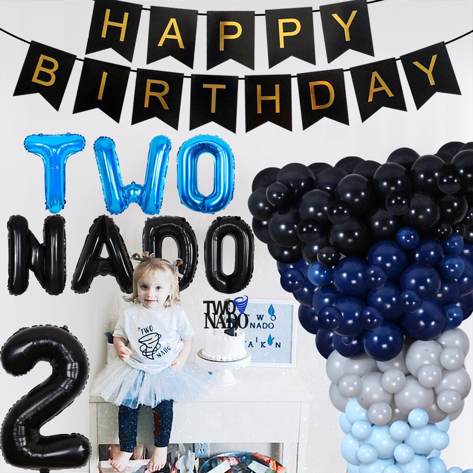 Four Nado Tornado Birthday Decorations - Black Glitter Banner For 4-Year-Old Boy Parties