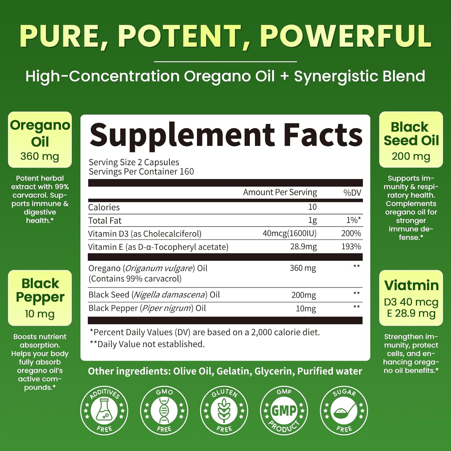 5-IN-1 Oil of Oregano with Black Seed Oil, 99% Carvacrol | Thymoquinone 320 Count Organic Oregano Oil Capsules , Vitamin D3/E/Black Pepper for Absorption, Supports Immune/Gut/Respiratory, Non-GMO - Image 4