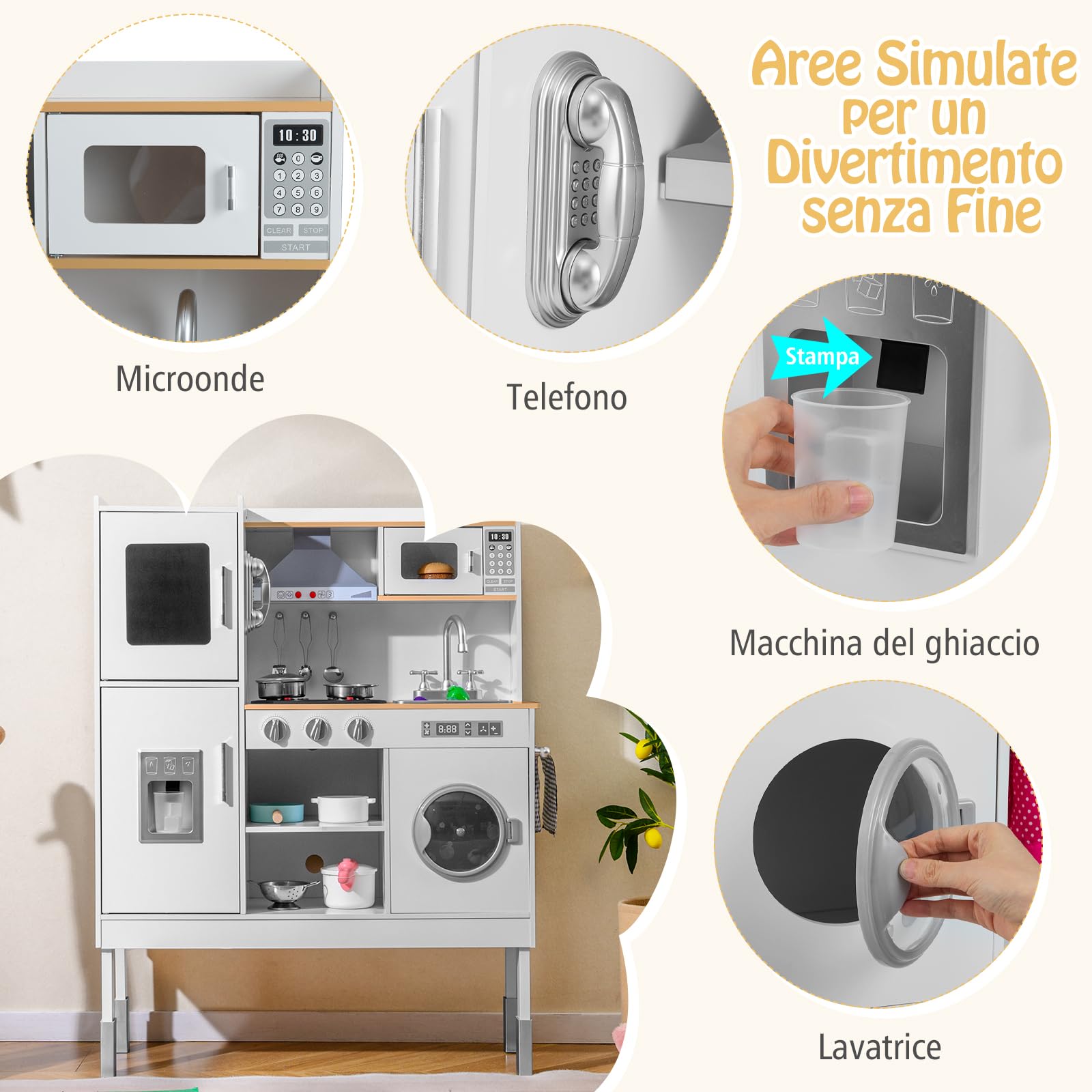 COSTWAY Cucina Giocattolo per Bambini, Cucina Legno per Bambini con Macchina del Ghiaccio, Telefono, Lavatrice, Microonde, Altezza Regolabile, Funzione Luci e Suoni, per 3+ Anni (Naturale)
