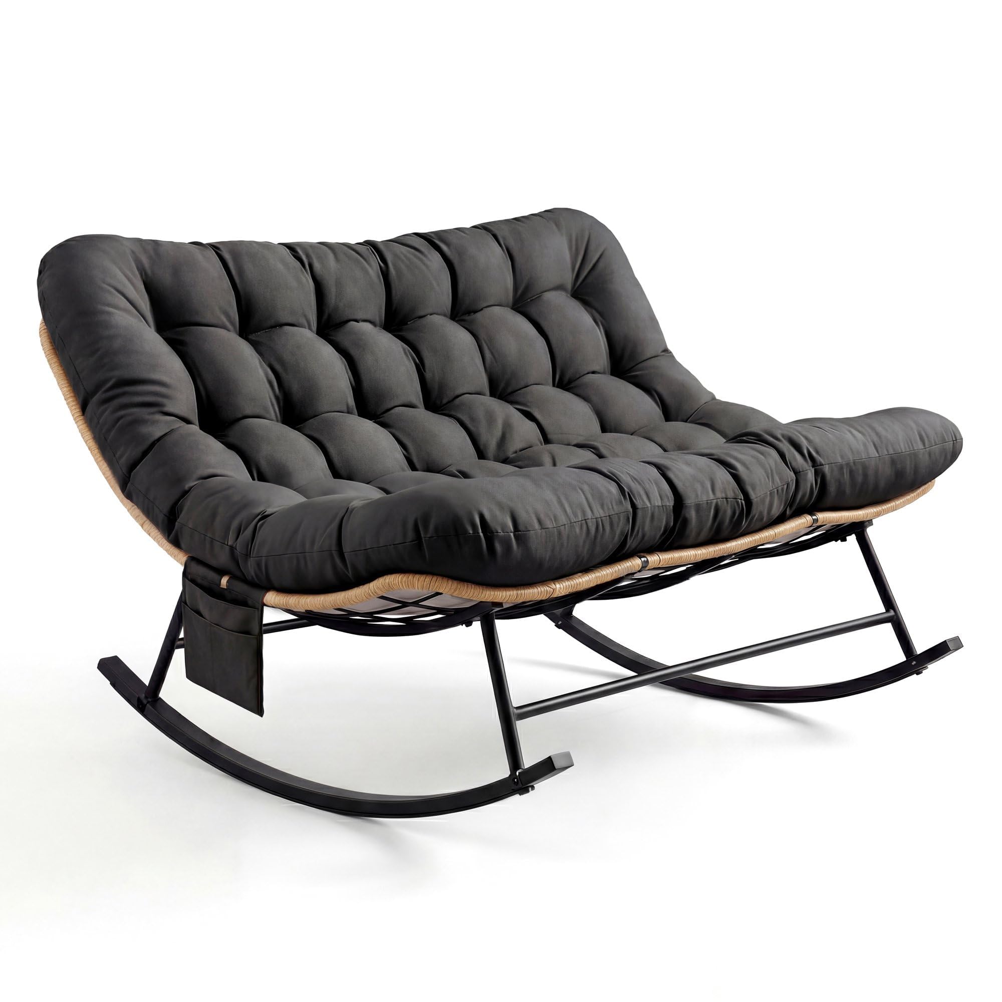 Garvee Silla Mecedora Robusta para Dos Personas - Cojín Grueso Impermeable, Estructura metálica, Capacidad 450 LB - Patio, jardín o Sala - Ratán Amarillo con cojín Negro, Doble