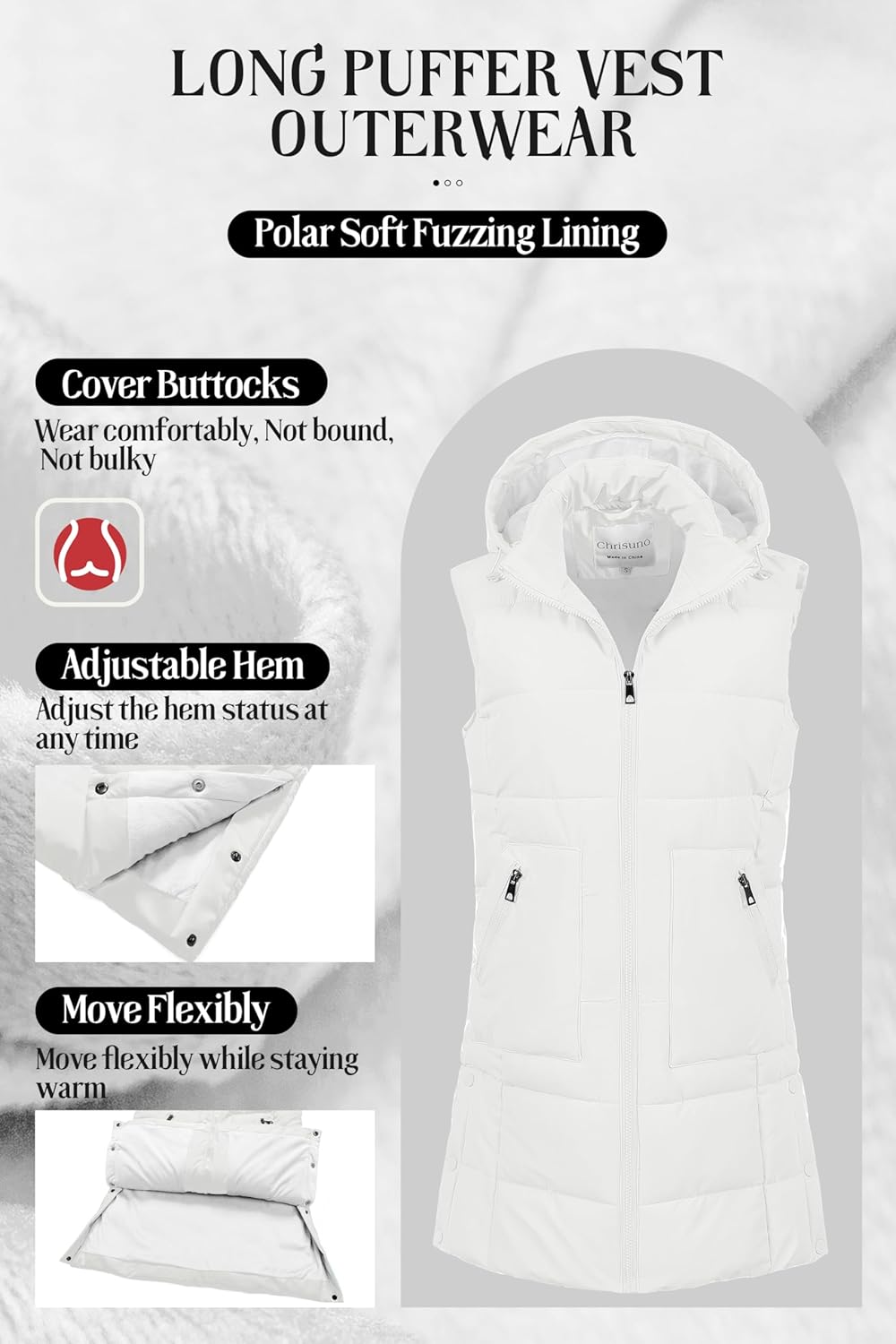 Chrisuno Women's Long Warm Puffer Vest Fleece Sleeveless Vests Waterproof Outerwear With Removable Hood - Image 6