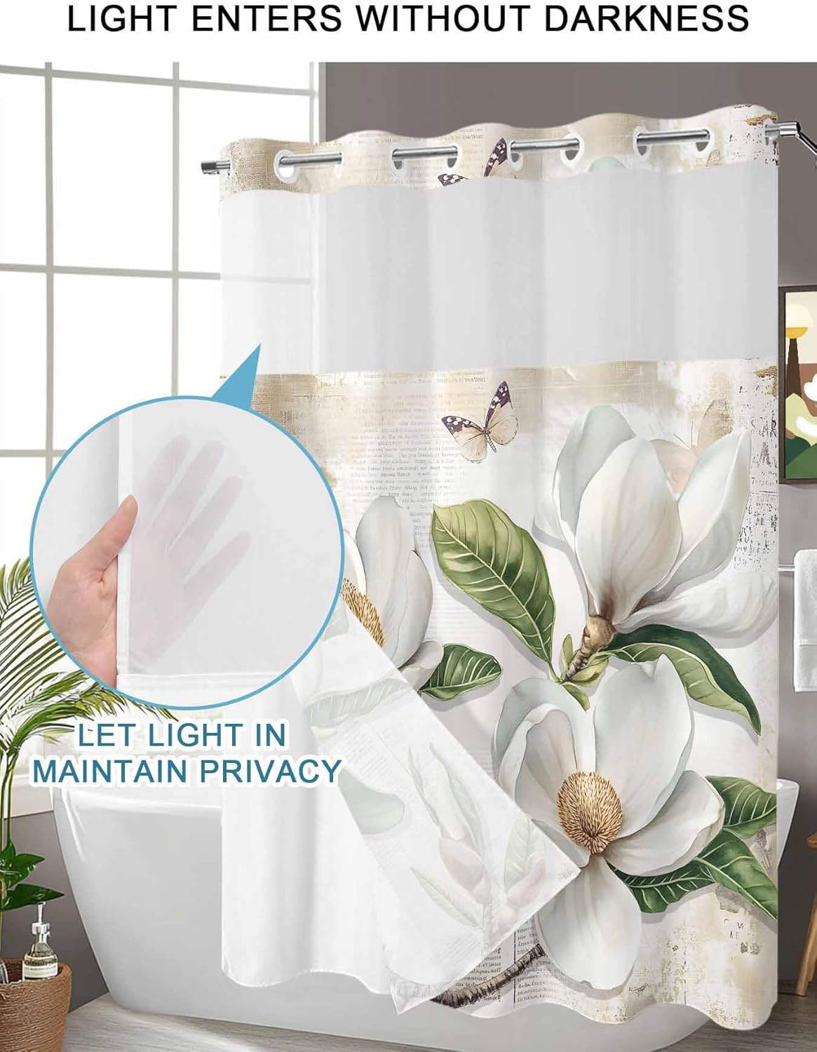 Watercolor Magnolia Floral No Hook Shower Curtain with Snap in Liner Set,Vintage Farmhouse Flower Butterfly Waterproof Fabric Shower Curtains with See Through Top Window for Bathroom,60Wx72L