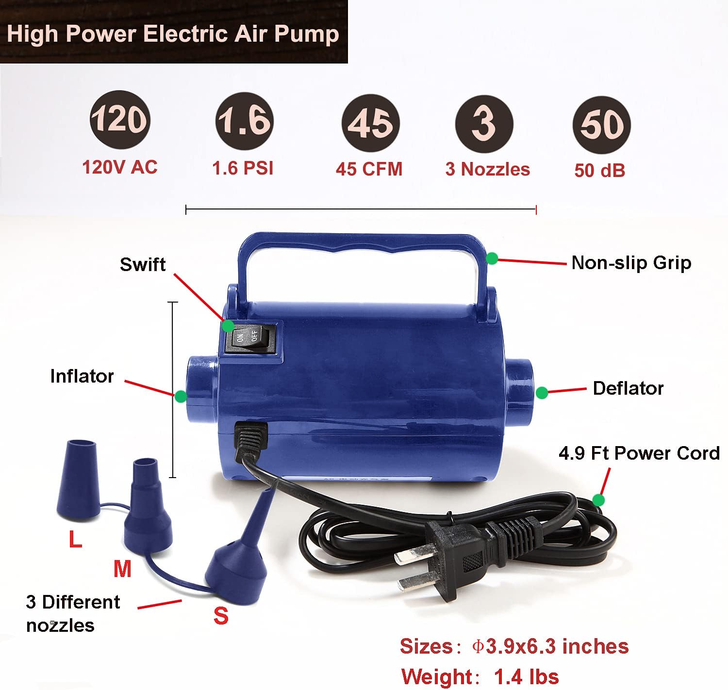 Electric Air Pump for Inflatable Pool Toy - High Power Air Mattress Inflator Deflator Pump for Pool Float Raft with 3 Nozzle, 320W 1.6PSI 26CFM, Blue : Home & Kitchen