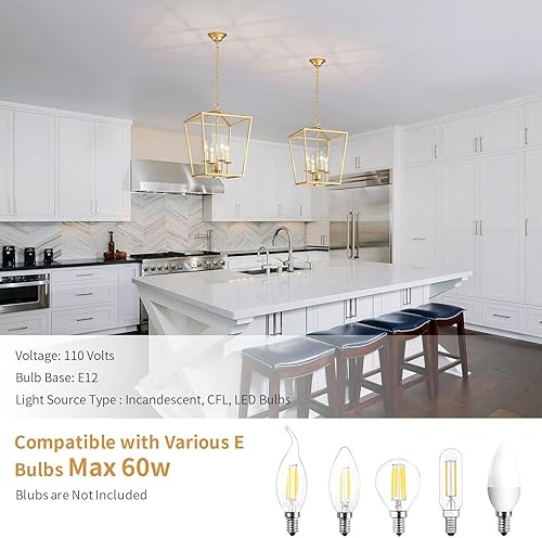 Vista 4 de ANJIADENGSHI Lámpara Colgante de Farol Vintage de 4 Luces Candelabro de Farol Lámpara Colgante Dorada Estilo Granja para Isla de Cocina Entrada