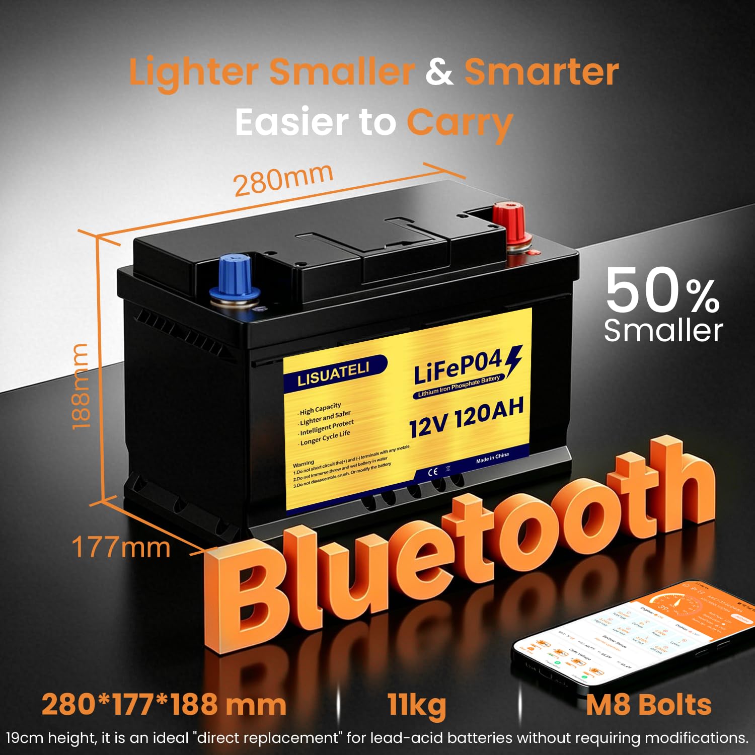 Batería de litio LiFePO4 de 12 V 120 Ah con supervisión de aplicación, 100 A BMS, para autocaravana, solar, barco, off-grid