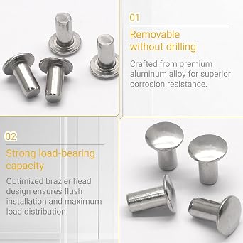 3/16 x 3/8 Aluminum Rivets 120PCS Brazier Head Rivets, Solid Rivet Marine Boat Rivet for Metal Wood Plastic