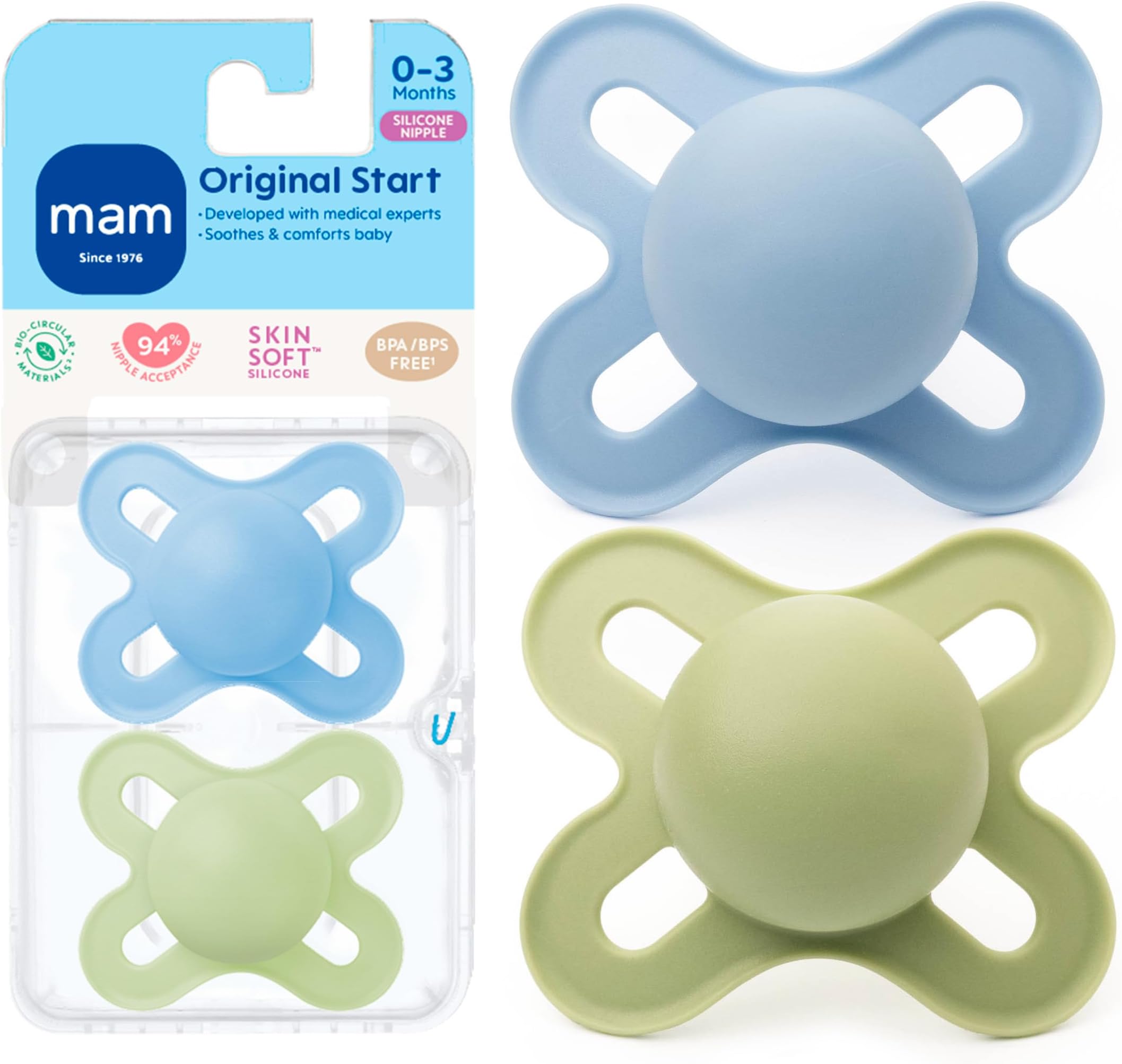 Original Start Matte Baby Pacifiers, Binky for 0-3 Months, BPA-Free Silicone, Easy to Clean, Best for Newborn Babies, Developed with Medical Experts, 2 Count Binkies with Sterilizer Case | Skin Soft Silicone , Developed With Medical Experts Specially For Smaller Newborn Mouths, BPA-Free, Made In Europe