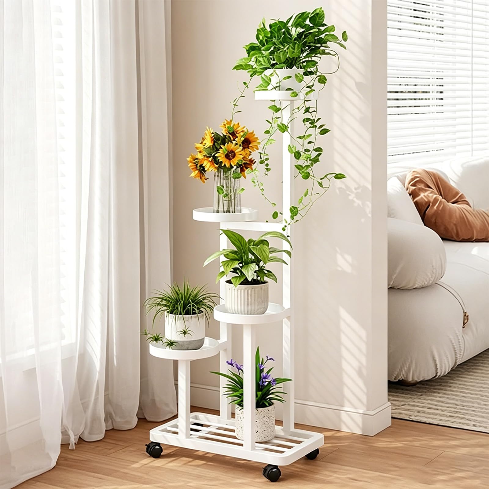 ATRBNCX Mobile 5 Tier Plant Stand With Wheels, Tall Metal Flower Display Rack For Multiple Plants, Corner Shelving Unit For Indoor Balcony & Patio Decoration(Color:White)