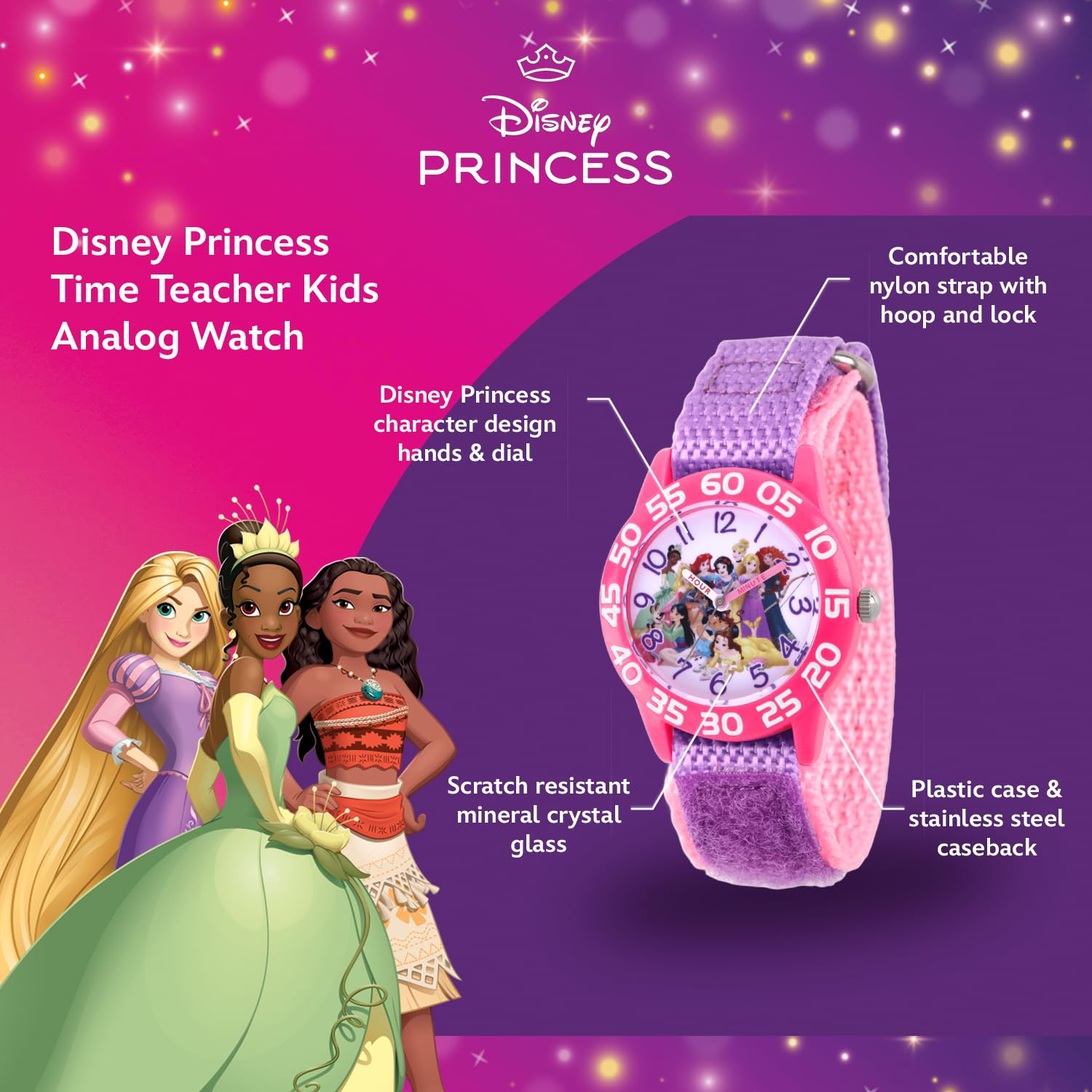 Disney Orologio da principessa per ragazze, orologio da principessa per bambini con lunetta bianca e cinturino in nylon reversibile, perfetto per ragazze dai 4 ai 7 anni, orologi per bambini, orologio