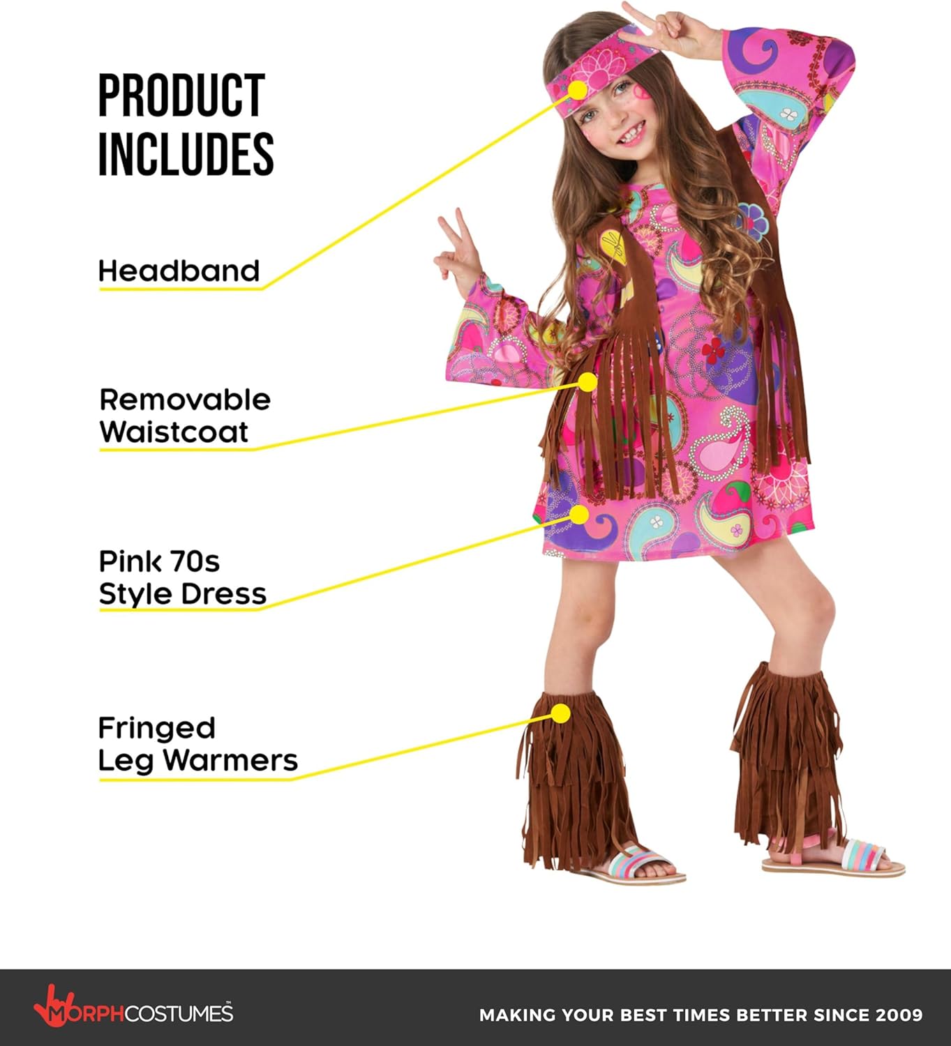 Morph 70s Outfits For Kids, Girls Hippie Costume, Hippie Costume Kids, Book Characters Costumes for Kids - Image 2