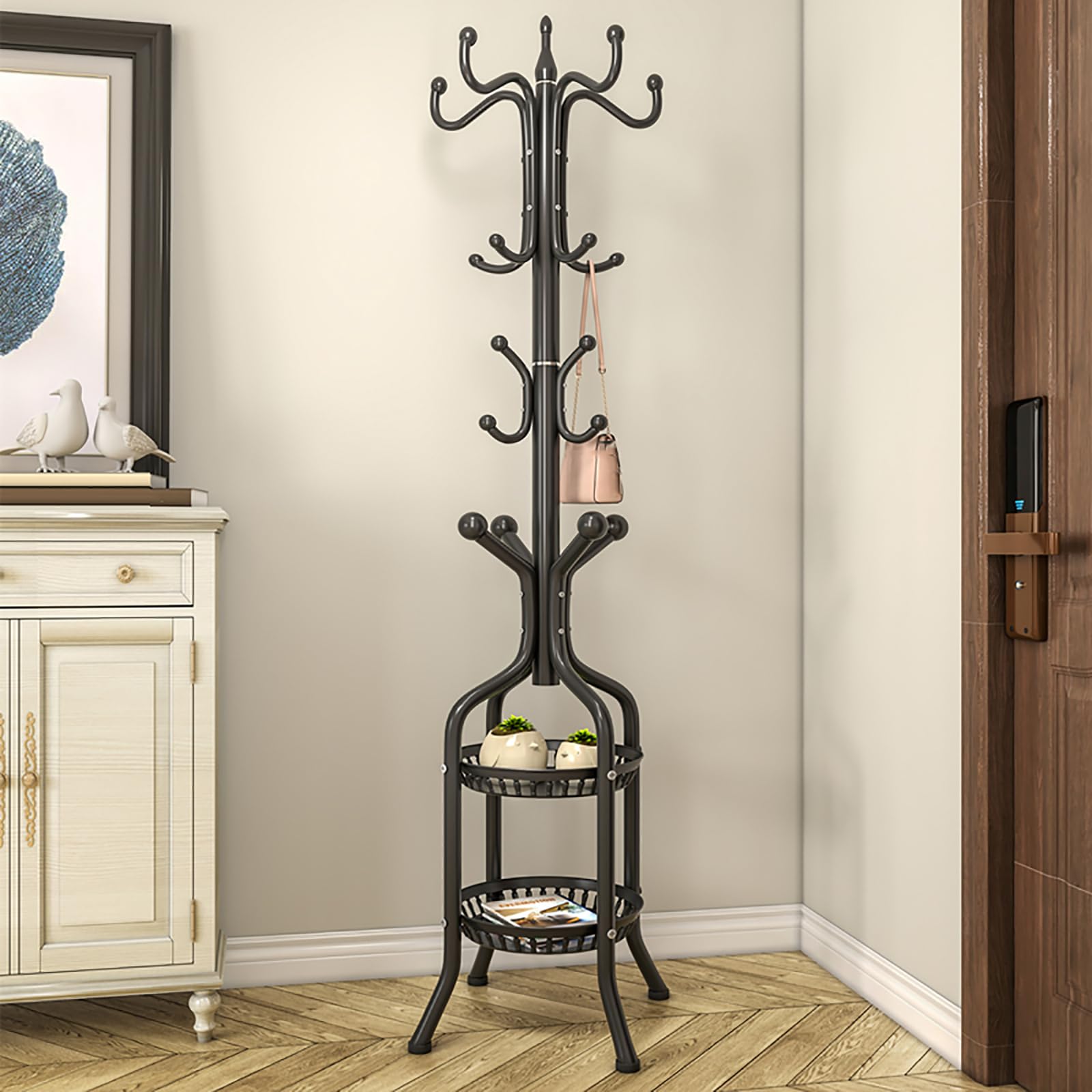 FGXHHS Freestanding Coat Rack with 2-Tier Shelves, Space-Saving Garment Organizer for Entryway and Bedroom