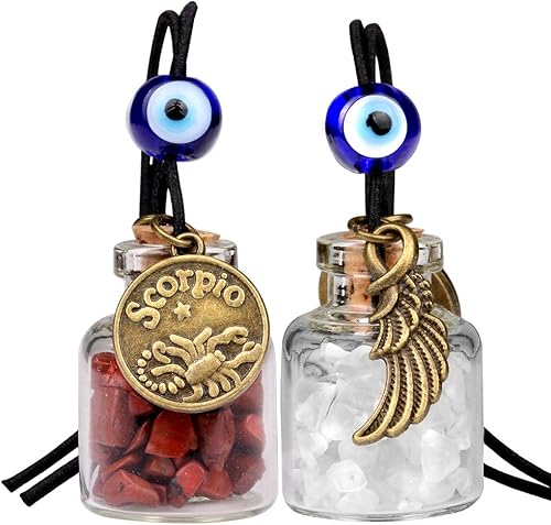 Miniatura 11 de Zodiac Birthstone Car Charms for Rearview Mirror Hanging - Two Gemstone Good Luck Bottles with Evil Eye Protection Bead and Guardian Angel Wing