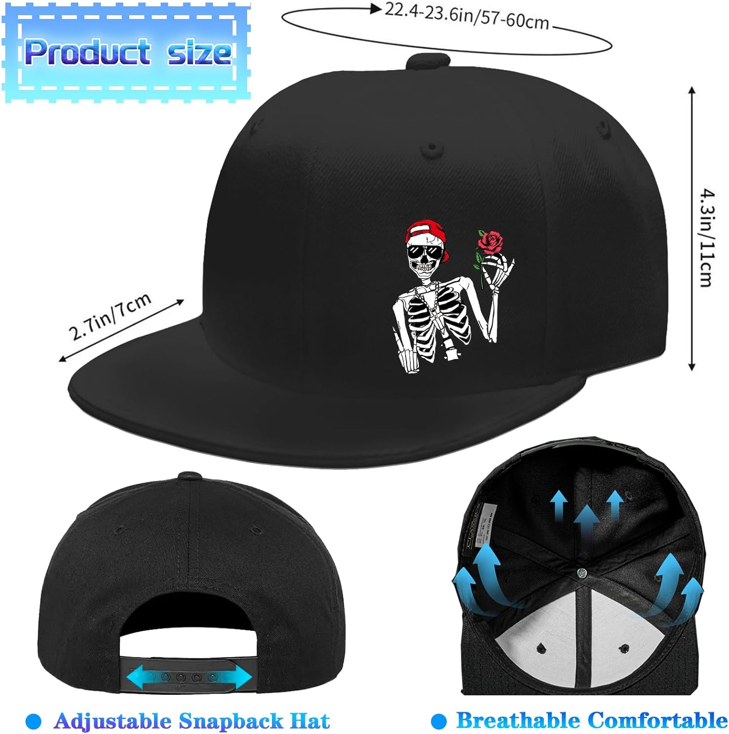 Flat Bill Hats for Men Black Snapback Hats for Men Adjustable Baseball Cap Fitted Cool Hip Hop Hat - Image 2