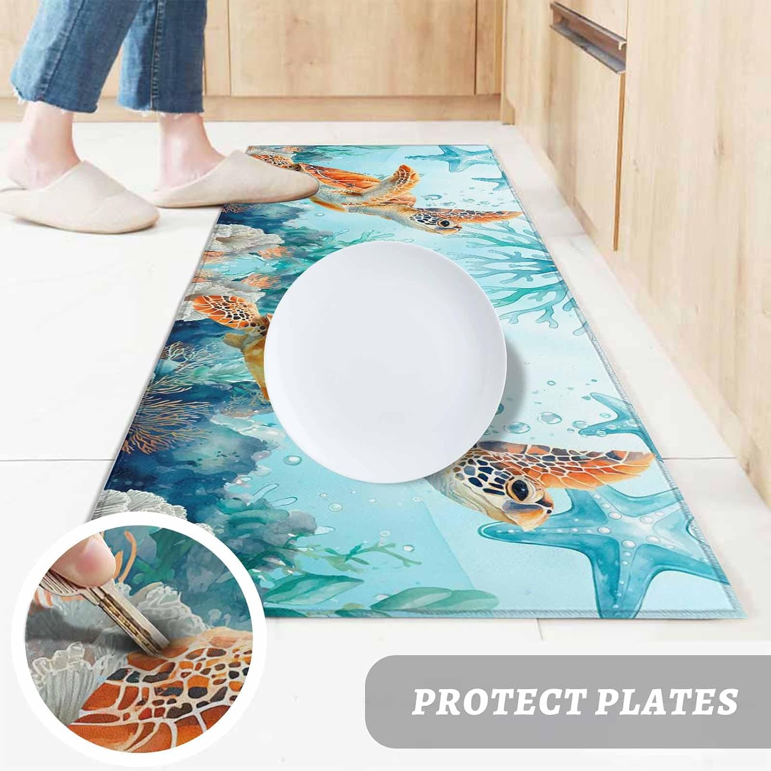 Kitchen Mats for Floor Coastal Sea Turtle Starfish Washable Non Slip Kitchen Rugs 2PCS, Underwater Coral Ocean Art Absorbent Standing Mats for Sink Bathroom Office Living Room 15.7x23.6in+15.7x47.2in