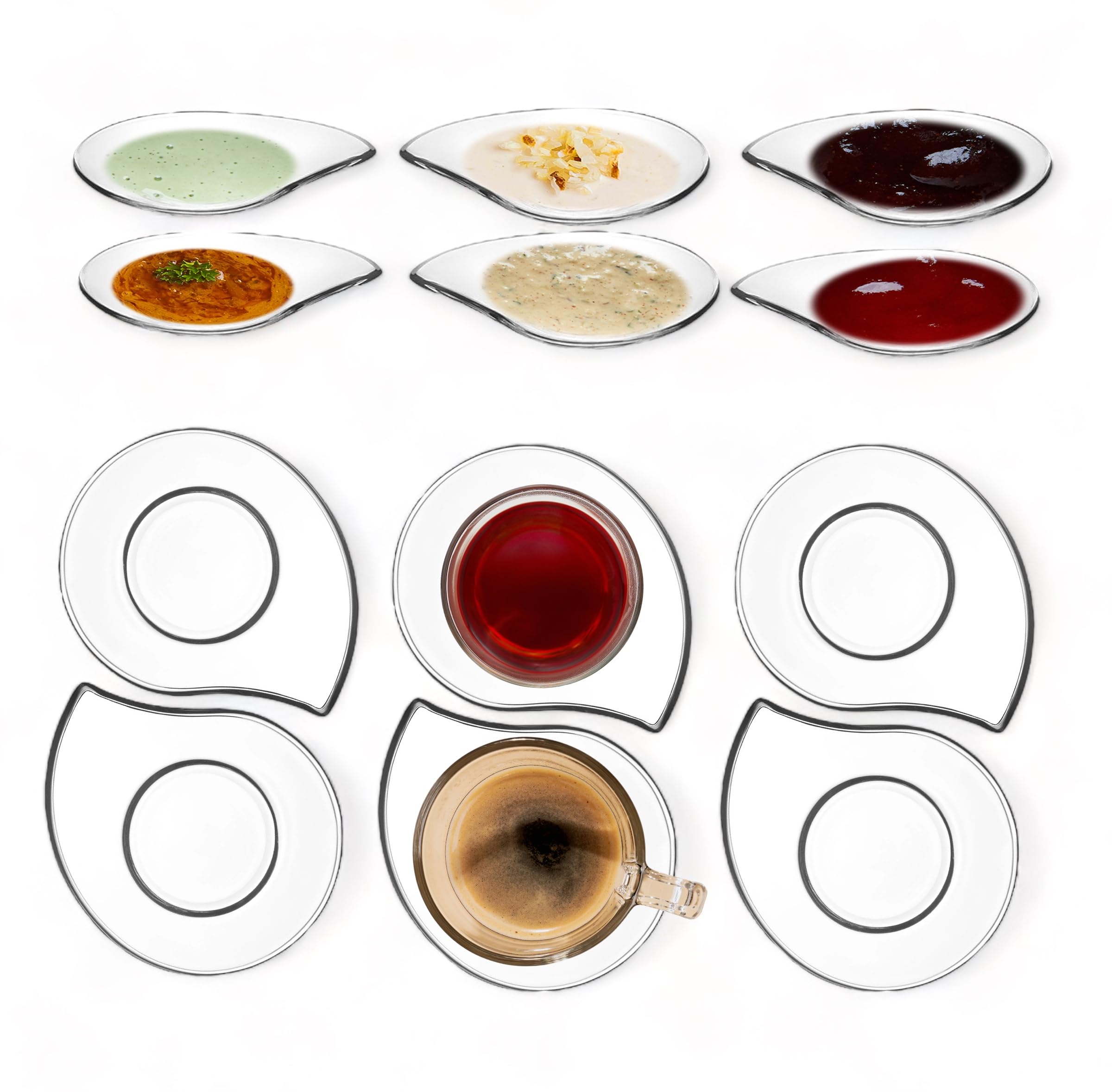 6 piattini in vetro universali, piatti da portata a goccia, ideali per salse, marmellate, dessert, ciotole per salse, 13 cm di lunghezza, piattino da caffè