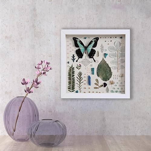 Miniatura 5 de Elegantes marcos de madera profunda, juego de 3 vitrinas blancas de 8 x 8 pulgadas con tablero de vidrio real y lino, perfecto para mostrar boletos,