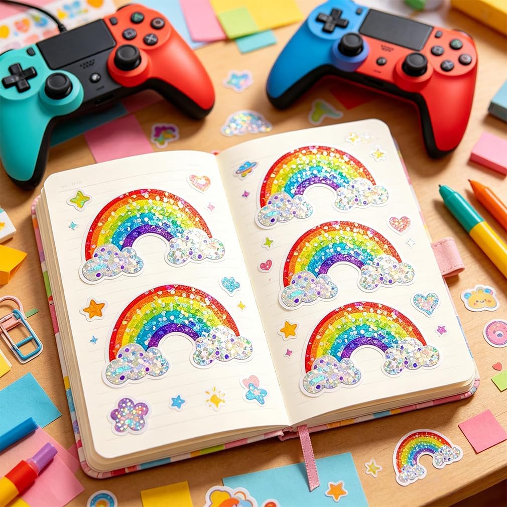 500PCS Holographic Rainbow Stickers Roll 1.2in Glitter Vinyl Sticker for Envelope Journal Decor Crafts, Scrapbooks and Parties