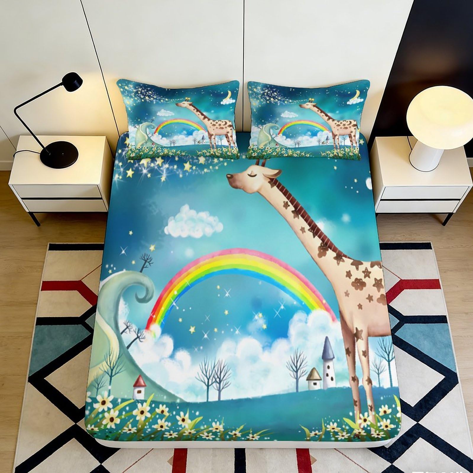 Pnayamiorkfel Style-9 3D Printed Giraffe Rainbow Fitted Sheet Microfiber Soft Anti-Slip Cartoon Mattress Cover For Bedroom Guest Room Decor 90X200x25cm