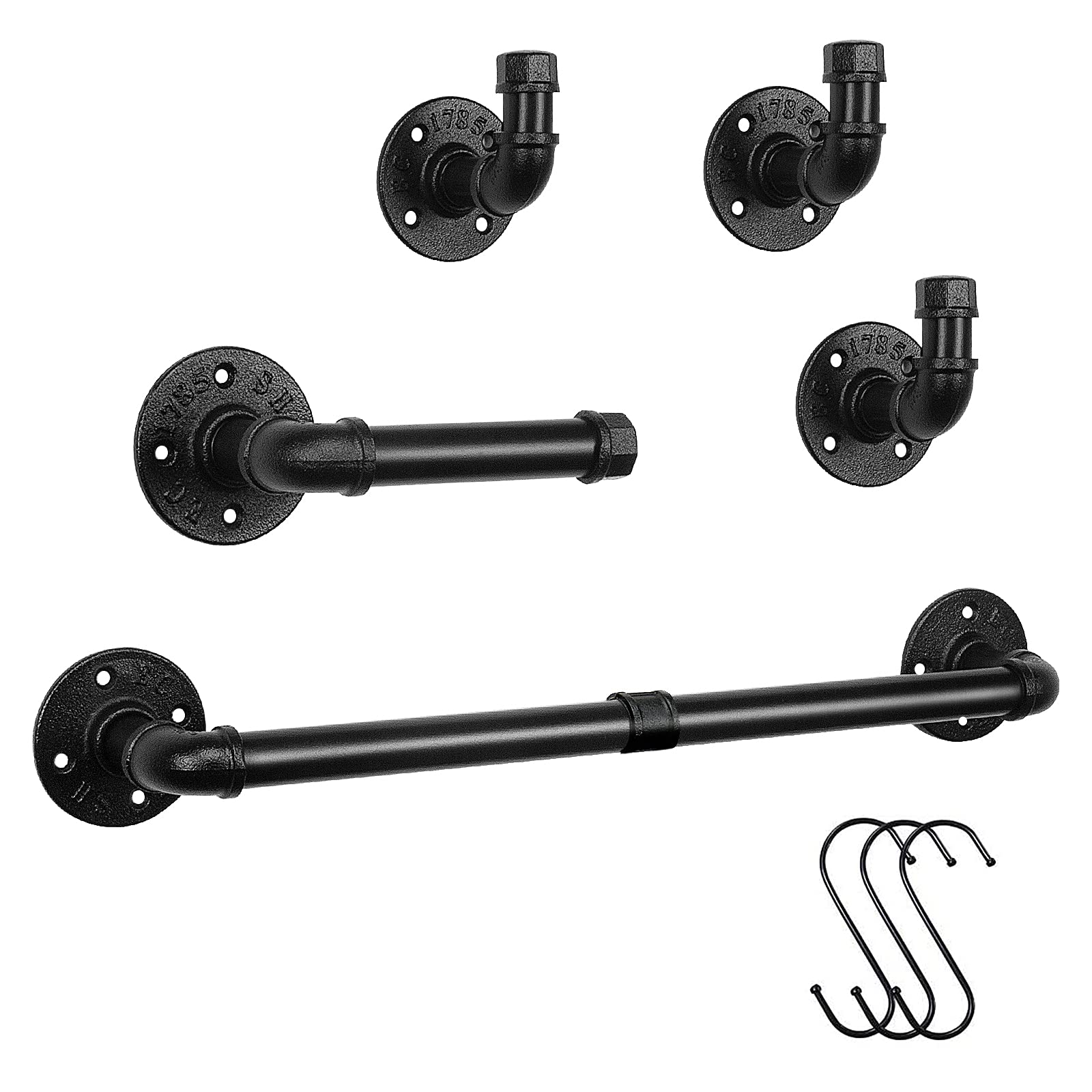 Industrial Iron PipeTowel Rack Set, Bathroom Accessories Hardware Wall-Mounted 5 Pieces Includes Towel Bar, Toilet Paper Holder and 3 Robe Hooks (Black, 18 Inch)