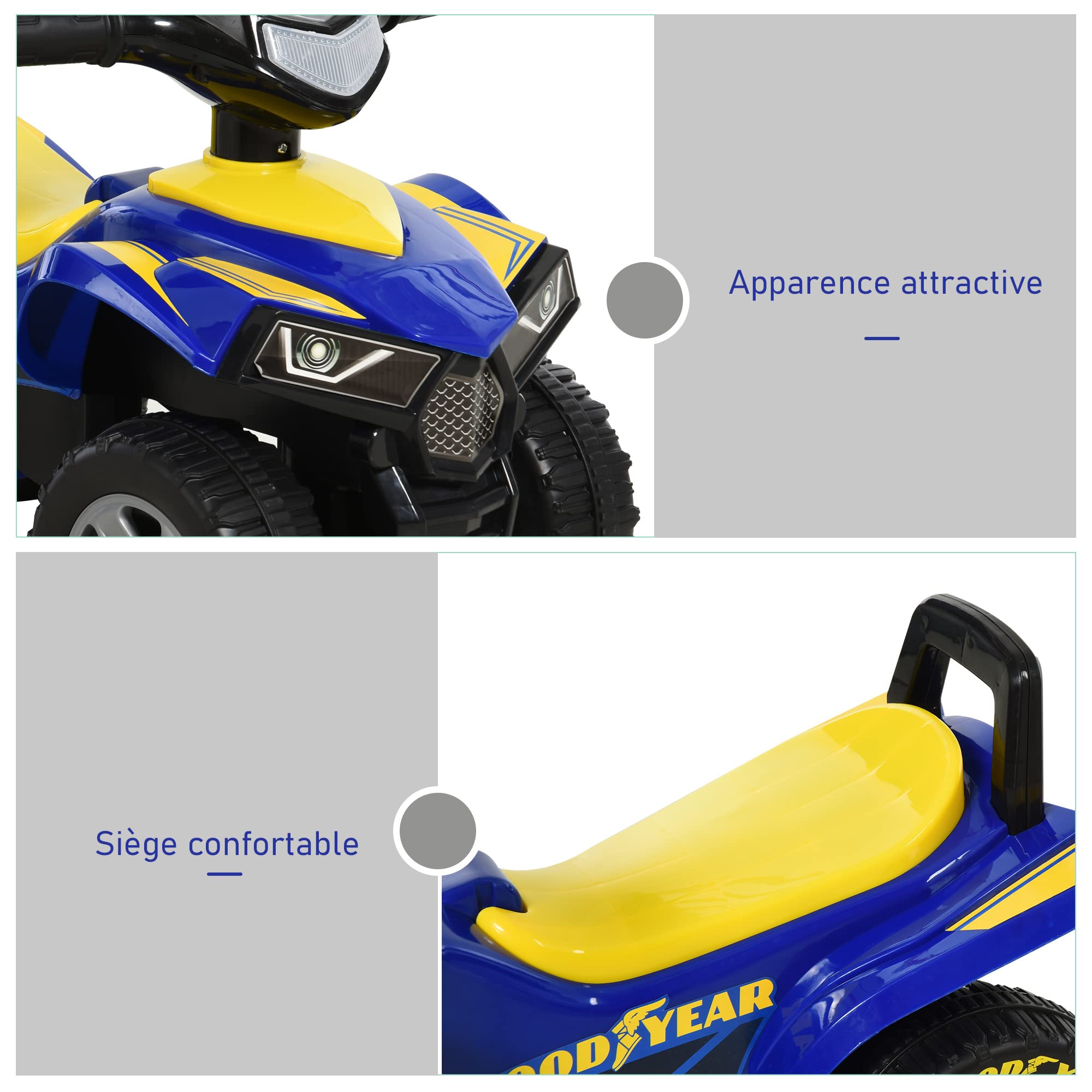 HOMCOM Nosidełko dla dzieci Quad 18-36 Miesięcy Niedz. 60L x 31l x 42H cm Efekty świetlne i dźwiękowe Niebieski Żółty