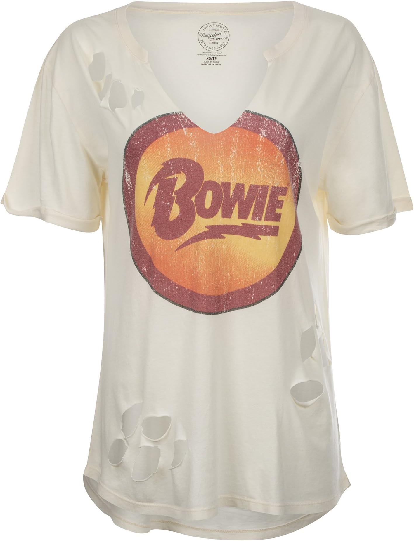 Womens DAVID BOWIE Distressed Band Tee T-Shirt by Recycled Karma – Size Medium