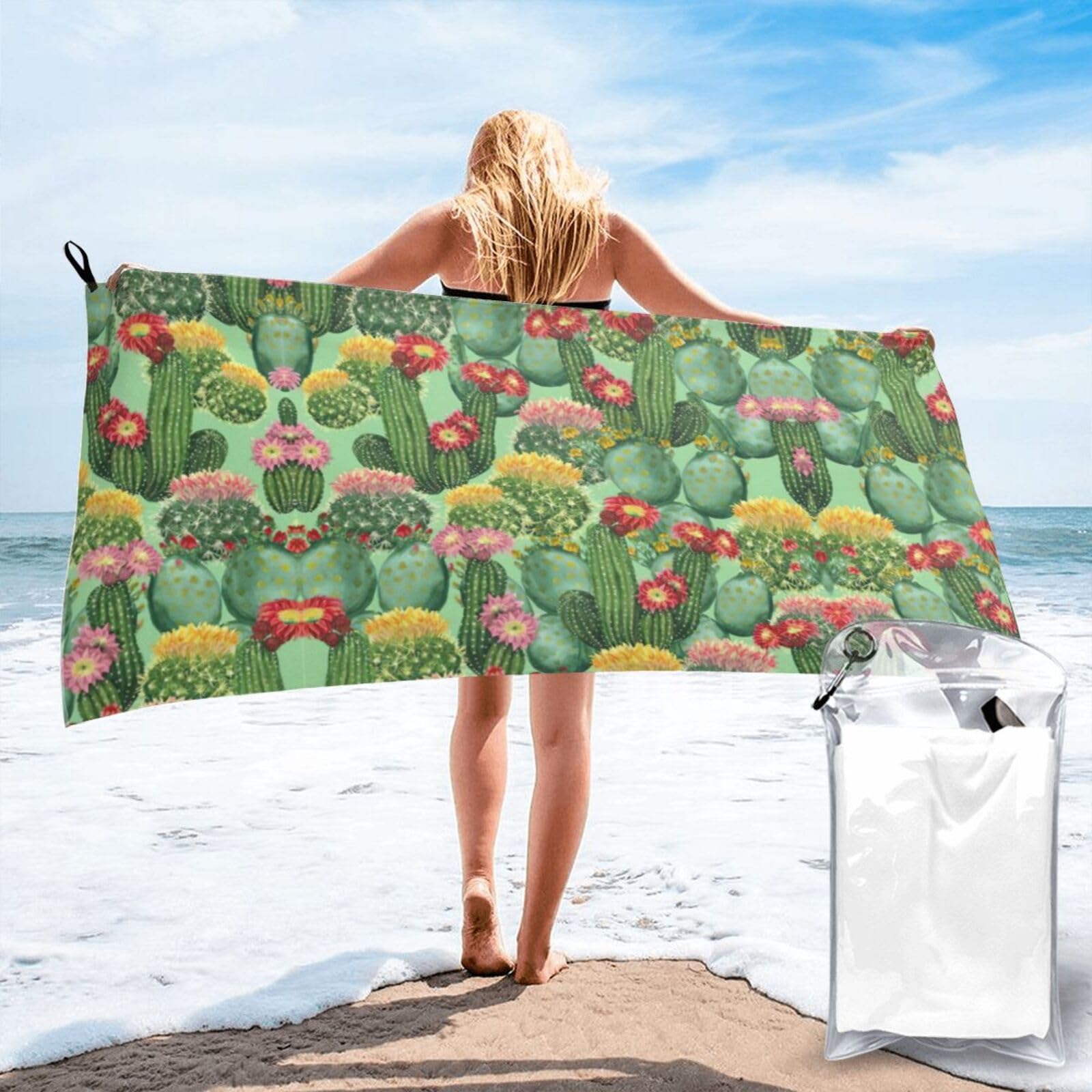 VCzsdff Cactus Floral Bloom Print Quick Dry Towel Compact Beach Shower Wrap For Camping Fitness