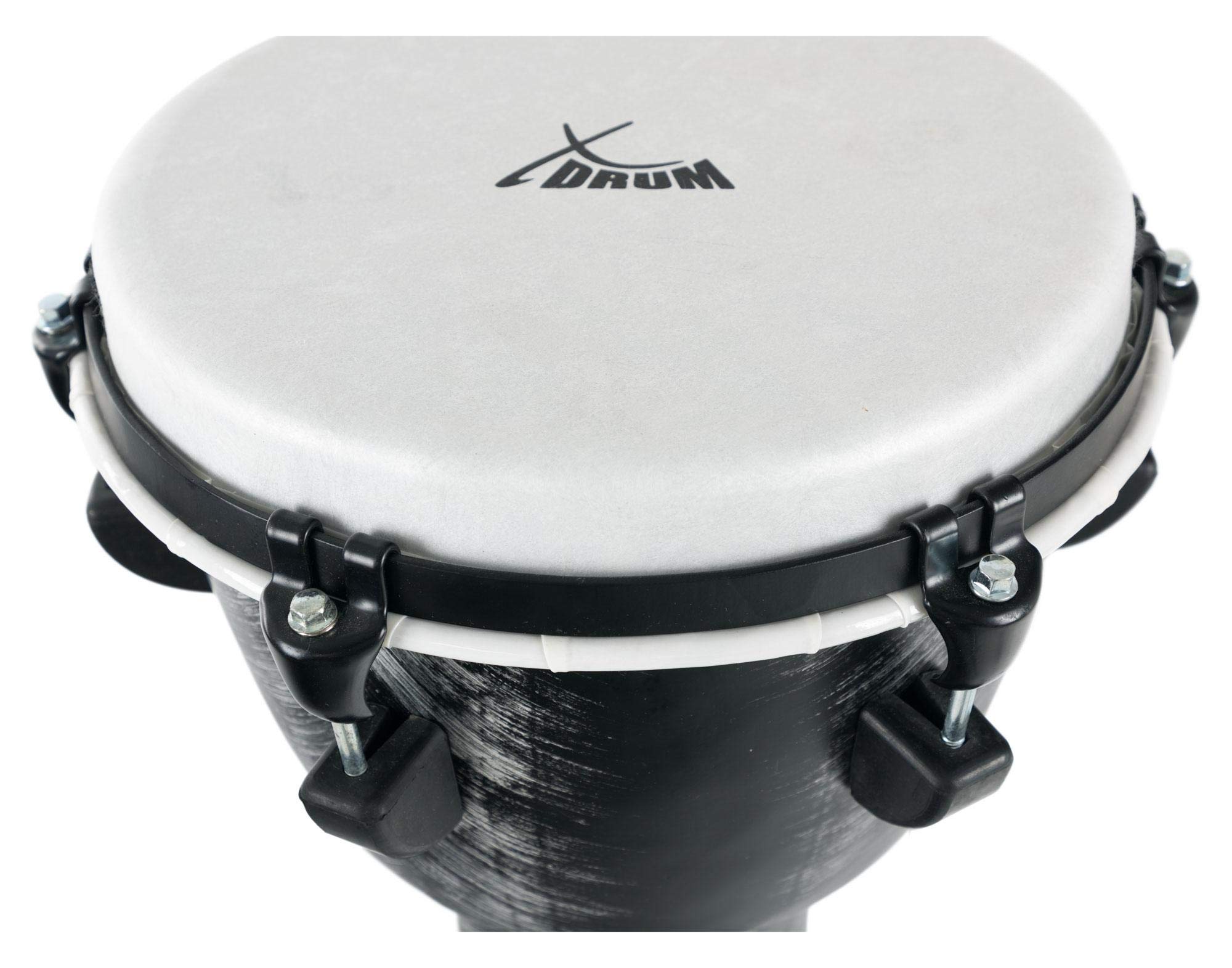 XDrum Djembe 10" Silver Brush Bag Set (aus PVC gefertigt, 6 Stimmschrauben, Kunststoff-Fell mit Natur-Optik, Höhe: 50cm, im Set inkl. passender Rucksacktasche für Transport und Aufbewahrung)