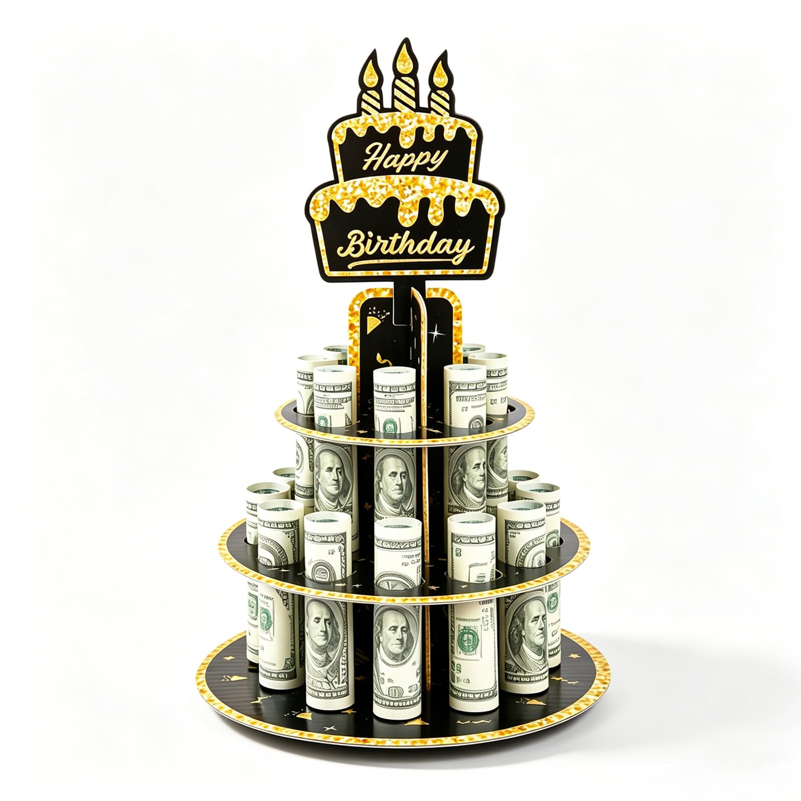 Yiran Black Happy Birthday Money Holder 20 Slots, Cake Stand for Cash Gift, Paper Money Tree for Black Birthday Party Decoration, Rolled Bills & Wishes, No Glue 3-Second Assembly — image 1