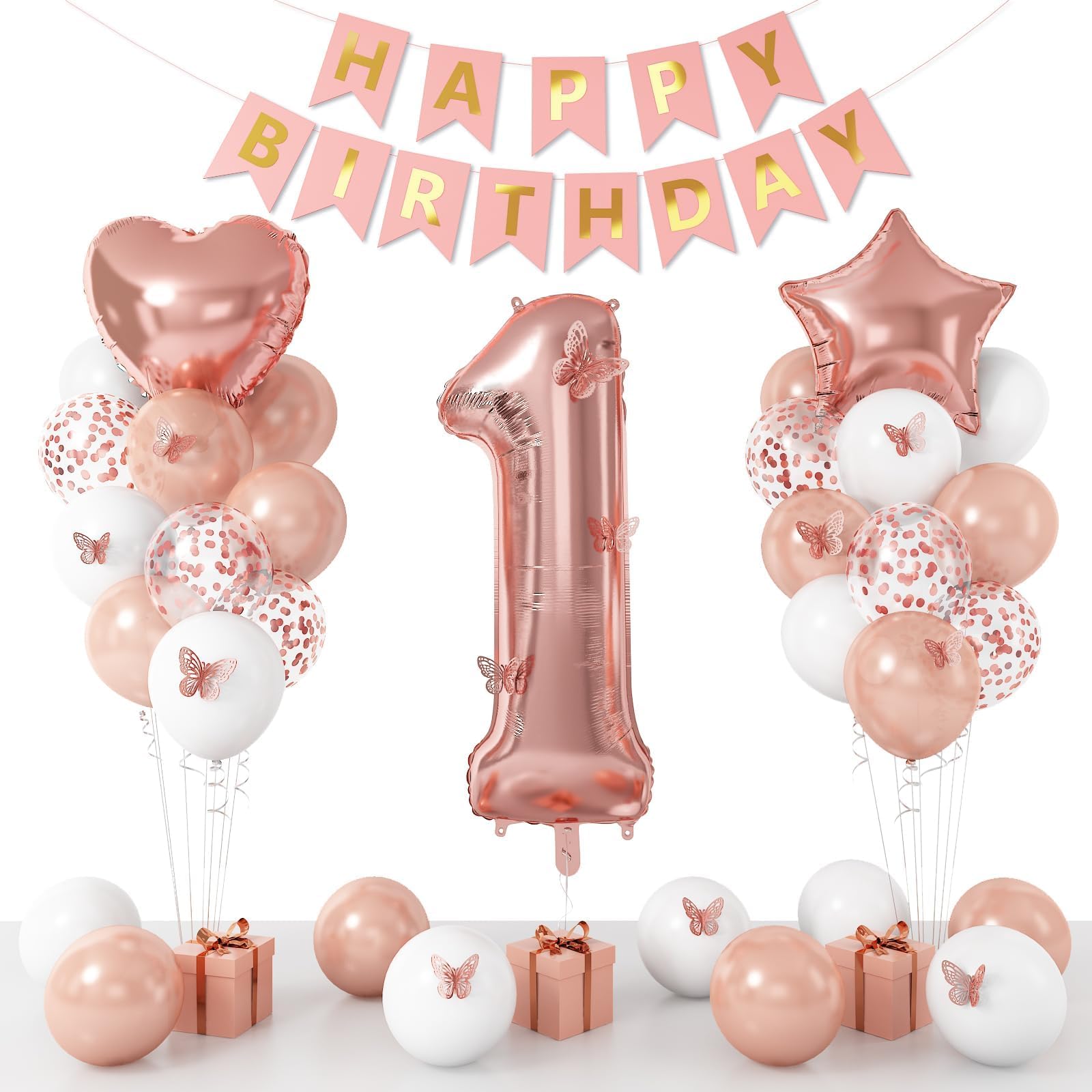 1st Birthday Decoration for Girls, Rose Gold 1st Birthday Balloon, Rose Gold Number 1 Balloon with Butterfly Stickers, Star Heart Foil Balloons Banner Set for Baby 1 Year Old Birthday Party Decor