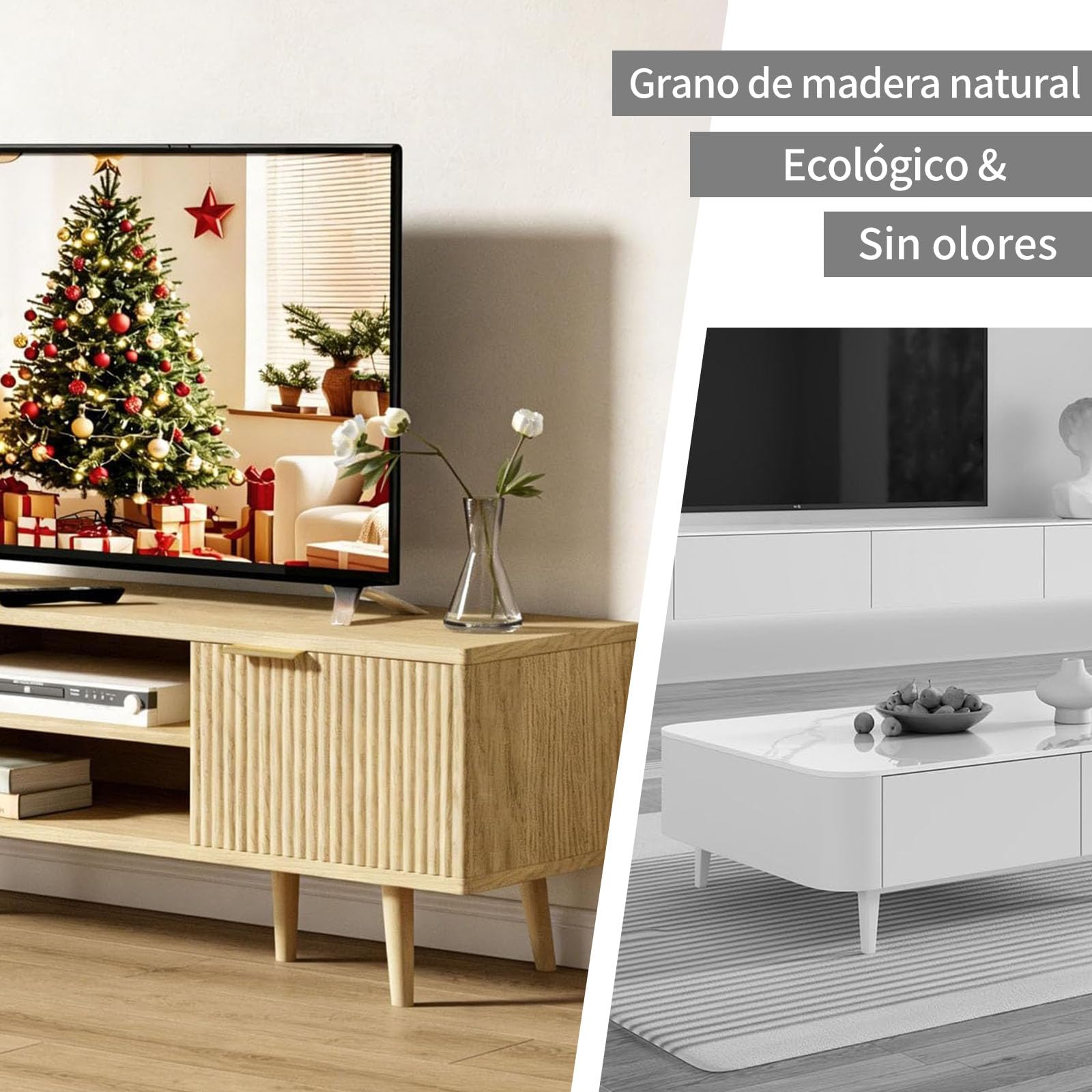 YLGJ&TIDY 140 CM Mueble de TV, Estilo Mid-Century Moderno Mesa de TV, 2 Almacenamiento Abierto & 2 Gabinetes Mueble Salon TV, Compatible con TV 55/60/65 Pulgadas, Madera Natural